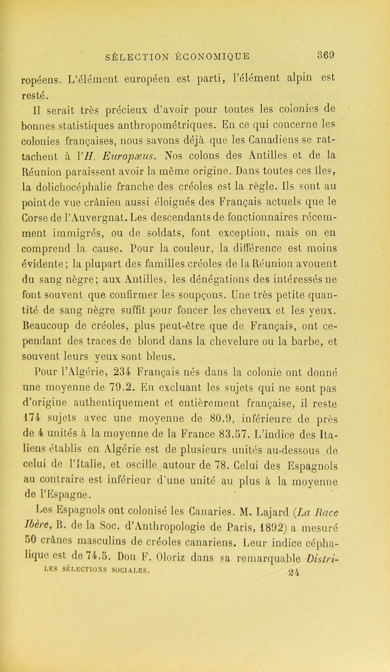 ropéens. L’élément européen est parti, l’élément alpin est resté. Il serait très précieux d’avoir pour toutes les colonies de bonnes statistiques anthropométriques. En ce qui concerne les colonies françaises, nous savons déjà que les Canadiens se rat- tachent à VH. Europæus. Nos colons des Antilles et de la Réunion paraissent avoir la même origine. Dans toutes ces îles, la dolichocéphalie franche des créoles est la règle. Ils sont au point de vue crânien aussi éloignés des Français actuels que le Corse de l’Auvergnat. Les descendants de fonctionnaires récem- ment immigrés, ou de soldats, font exception, mais on en comprend la cause. Pour la couleur, la différence est moins évidente; la plupart des familles créoles de la Réunion avouent du sang nègre; aux Antilles, les dénégations des intéressés ne font souvent que confirmer les soupçons. Une très petite quan- tité de sang nègre suffît pour foncer les cheveux et les yeux. Beaucoup de créoles, plus peut-être que de Français, ont ce- pendant des traces de blond dans la chevelure ou la barbe, et souvent leurs yeux sont bleus. Pour l’Algérie, 234 Français nés dans la colonie ont donné une moyenne de 79.2. En excluant les sujets qui ne sont pas d’origine authentiquement et entièrement française, il reste ■174 sujets avec une moyenne de 80.9, inférieure de près de 4 unités à la moyenne de la France 83.57. L’indice des Ita- liens établis en Algérie est de plusieurs unités au-dessous de celui de l’Italie, et oscille autour de 78. Celui des Espagnols au contraire est inférieur d’une unité au plus à la moyenne de l’Espagne. Les Espagnols ont colonisé les Canaries. M. Lajard {La Race Ibcre, B. de la Soc. d’Anthropologie de Paris, 1892) a mesuré 50 crânes masculins de créoles canariens. Leur indice cépha- lique est de 74.5. Don F. Oloriz dans sa remarquable Distri- LES SÉLECTIONS SOCIALES. OA