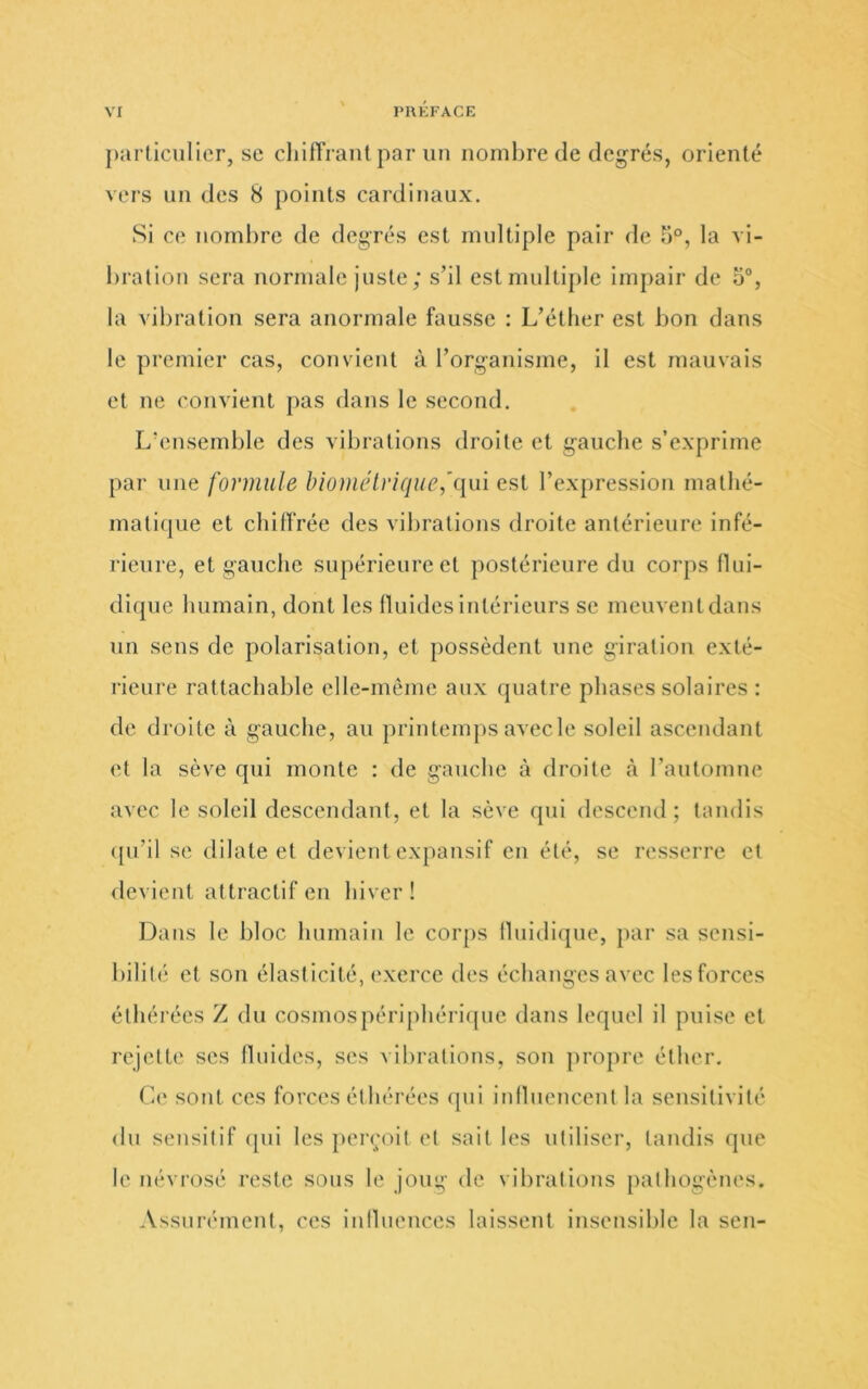 j)articulicr, se cliifTranl par un nombre de degrés, orienté vers lin des 8 points cardinaux. Si ce nomlire de degrés est multiple pair de 5°, la vi- bration sera normale juste; s’il est multiple impair de 5% la vibration sera anormale fausse : L’éther est bon dans le premier cas, convient à l’organisme, il est mauvais et ne convient pas dans le second. L’ensemble des vibrations droite et gauche s’exprime par une formule biométrique,'([ui est l’expression mathé- matique et chilTrée des vibrations droite antérieure infé- rieure, et gauche supérieure et postérieure du corps Hui- dique humain, dont les fluides intérieurs se meuvent dans un sens de polarisation, et possèdent une giration exté- rieure rattachable elle-même aux quatre phases solaires : de droite à gauche, au printempsavecle soleil ascendant et la sève qui monte : de gauche à droite à l’automne avec le soleil descendant, et la sève qui descend; tandis (pi’il se dilate et devient expansif en été, se resserre et devient attractif en hiver! Dans le bloc humain le corps lluidique, par sa sensi- bilité et son élasticité, exerce des échanges avec lesforces éthé rées Z du cosmospériphéri({ue dans lequel il puise et rejette ses fluides, ses vibrations, son jiropre éther. C(' sont ces forces éthérées qui inlluenccnt la sensitivité du sensitif qui les pei'(;oit et sait les utiliser, tandis que le névrosé reste sous le joug de vibrations pathogènes. Assurément, ces Inlluences laissent insensible la sen-