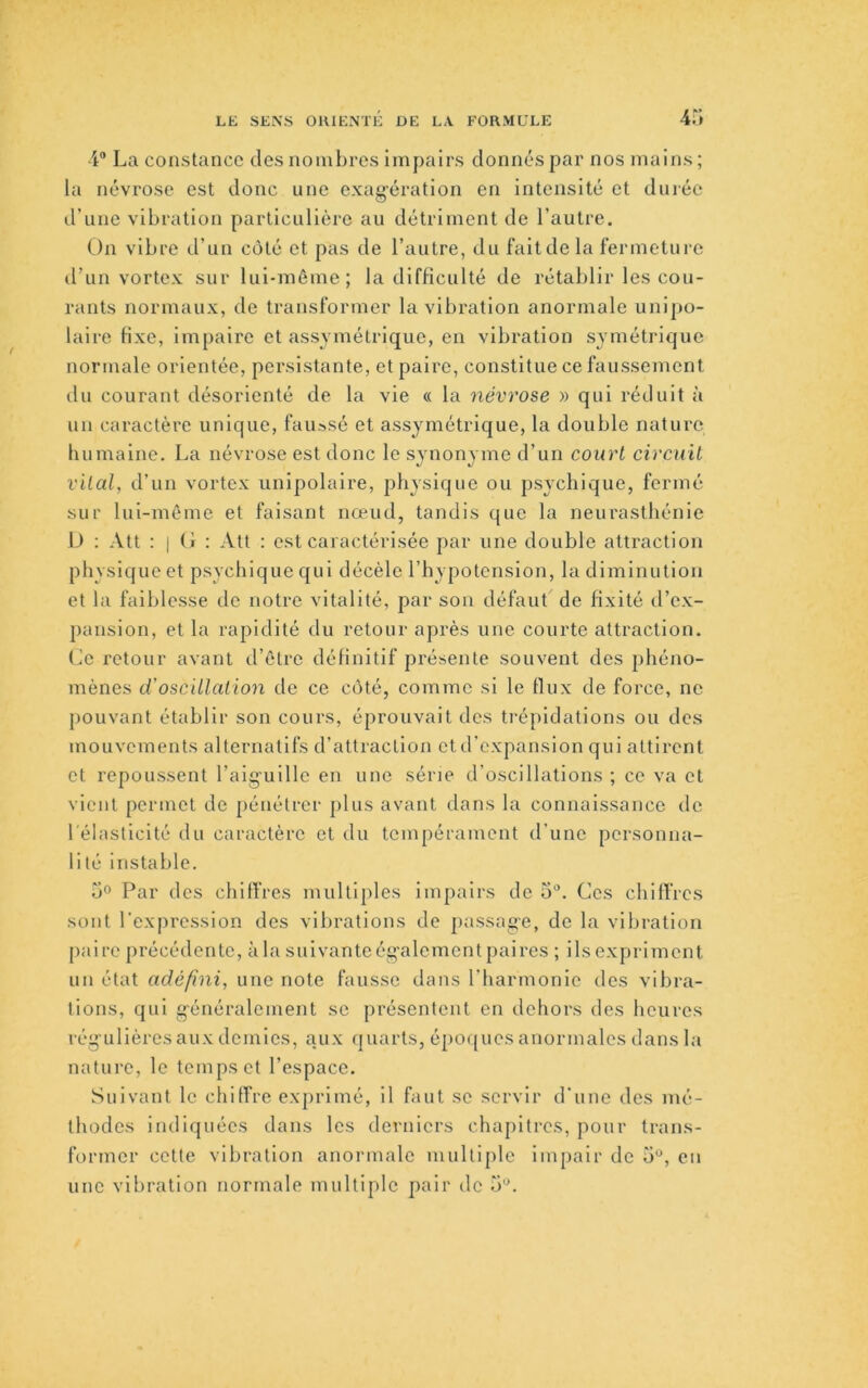 4.0 4® La constance des nombres impairs donnés par nos mains ; la névrose est donc une exagération en intensité et durée d’une vibration particulière au détriment de l’autre. On vibre d’un côté et pas de l’autre, du faitde la fermeture d’un vortex sur lui-méme; la difficulté de rétalilir les cou- rants normaux, de transformer la vibration anormale uni]>o- laire fixe, impaire et assymétrique, en vibration symétrique normale orientée, persistante, et paire, constitue ce faussement du courant désorienté de la vie « la névrose » qui réduit à un caractère unique, faussé et assymétrique, la double nature bumalne. La névrose est donc le synonyme d’un court circuit vital, d’un vortex unipolaire, physique ou psychique, fermé sur lui-même et faisant nœud, tandis que la neurasthénie 0 ; Att : I (J : Att : est caractérisée par une double attraction physique et psychique qui décèle l’hypotension, la diminution et la faiblesse de notre vitalité, par son défaut de fixité d’ex- pansion, et la rapidité du retour après une courte attraction. Ce retour avant d’être définitif présente souvent des phéno- mènes d'oscillation de ce côté, comme si le flux de force, ne pouvant établir son cours, éprouvait des trépidations ou des mouvements alternatifs d’attraction et d’expansion qui attirent et repoussent l’aiguille en une série d’oscillations ; ce va et vient permet de pénétrer [ilus avant dans la connaissance de l'élasticité du caractère et du tempérament d’une personna- lité instable. 5° Par des chiffres multiples impairs de 5®. Ces chiffres sont l'expression des vibrations de passage, de la vibration [laire précédente, àla suivanteégalementpaii'es ; ilsexprimcnt un état adéfini, une note fausse dans l’harmonie des vibra- tions, qui généralement se présentent en dehors des heures régulières aux demies, aux quarts, épof[ues anormales dans la nature, le temps et l’espace. Suivant le chiffre exprimé, il faut se servir d’une des mé- thodes indiquées dans les derniers chapitres, pour trans- former cette vibration anormale multijile impair de 5®, en une vibration normale multiple pair de -o®.