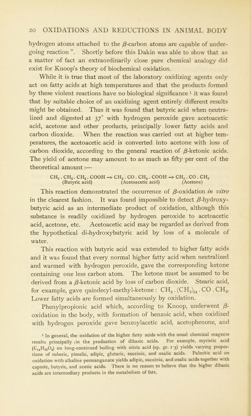 hydrogen atoms attached to the /3-carbon atoms are capable of under- going reaction Shortly before this Dakin was able to show that as a matter of fact an extraordinarily close pure chemical analogy did exist for Knoop’s theory of biochemical oxidation. While it is true that most of the laboratory oxidizing agents only act on fatty acids at high temperatures and that the products formed by these violent reactions have no biological significance 1 it was found that by suitable choice of an oxidizing agent entirely different results might be obtained. Thus it was found that butyric acid when neutra- lized and digested at 37° with hydrogen peroxide gave acetoacetic acid, acetone and other products, principally lower fatty acids and carbon dioxide. When the reaction was carried out at higher tem- peratures, the acetoacetic acid is converted into acetone with loss of carbon dioxide, according to the general reaction of /3-ketonic acids. The yield of acetone may amount to as much as fifty per cent of the theoretical amount:— CH3 . CH2. CH2 . COOH CH3 . CO . CH2. COOH CH3 . CO . CH3 (Butyric acid) (Acetoacetic acid) (Acetone) This reaction demonstrated the occurrence of /3-oxidation in vitro in the clearest fashion. It was found impossible to detect /3-hydroxy- butyric acid as an intermediate product of oxidation, although this substance is readily oxidized by hydrogen peroxide to acetoacetic acid, acetone, etc. Acetoacetic acid may be regarded as derived from the hypothetical di-hydroxybutyric acid by loss of a molecule of water. This reaction with butyric acid was extended to higher fatty acids and it was found that every normal higher fatty acid iwhen neutralized and warmed with hydrogen peroxide, gave the corresponding ketone containing one less carbon atom. The ketone must be assumed to be derived from a /3-ketonic acid by loss of carbon dioxide. Stearic acid, for example, gave quindecyl-methyl-ketone : CH3. (CH2)14. CO . CH3. Lower fatty acids are formed simultaneously by oxidation. Phenylpropionic acid which, according to Knoop, underwent /3- oxidation in the body, with formation of benzoic acid, when oxidized with hydrogen peroxide gave benzoylacetic acid, acetophenone, and 1 In general, the oxidation of the higher fatty acids with the usual chemical reagents results principally iin the production of dibasic acids. bor example, myristic acid (C14H2802) on long-continued boiling with nitric acid (sp. gr. 1*3) yields varying propor- tions of suberic, pimelic, adipic, glutaric, succinic, and oxalic acids. Palmitic acid on oxidation with alkaline permanganate yields adipic, succinic, and oxalic acids together with caproic, butyric, and acetic acids. There is no reason to believe that the higher dibasic acids are intermediary products in the metabolism of fats.