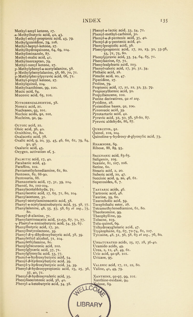 Methyl-amyl ketone, 27. a-Methylbutyric acid, 42, 43. Methyl-ethyl-propionic acid, 43, 79. Methylguanidine, 79, 106. Methyl-heptyl-ketone, 27. Methylhydroquinone, 64, 69, 104. Methyliminazole, 87. Methyl-malic acid, 41. Methylmercaptan, 79. Methyl-nonyl ketone, 27. p-Methylphenyl-a-acetylalanine, 58. p-Methylphenylalanine, 58, 66, 70, 71. p-Methylphenylpyruvic acid, 66, 71. Methyl-propyl ketone, 27. Methylquinol, 104. Methylxanthines, 99, 100. Mucic acid, 84. Muconic acid, 65, 102. Nitrobenzaldehyde,58. Nonox acid, 21. Nucleases, 93, 101. Nucleic acids, 92, 101. Nucleins, 92, 94. Octoic acid, 21. Oleic acid, 36, 40. Ornithine, 61, 80. Oxalacetic acid, 78. Oxalic acid, 9, 20, 33, 45, 46, 60, 61, 79, 84, 90, 98. Oxaluric acid, 45. Oxygen, activation of, 5. Palmitic acid, 17, 40. Parabanic acid, 45. Paraffins, 102. Pentamethylenediamine, 61, 80. Pentoses, 82, 88-90. Pentosuria, 88. Phenaceturic acid, 17, 31, 39, 104. Phenol, 80, 102-104. Phenylacetaldehyde, 71. Phenylacetic acid, 17, 65, 71, 80, 104. Phenylacetone, 31. Phenyl-acetylaminoacetic acid, 58. Phenyl-a-acetylaminobutyric acid, 55, 58, 77. Phenylalanine, 48, 55, 57, 58, 63 et seq., 75, 80. Phenyl-0-alanine, 71. Phenylaminoacetic acid, 51-53, 67, 71, 77. 7-Phenyl-a-aminobutyric acid, 54, 55, 67. Phenylbutyric acid, 17, 30. Phenylbutyrolactone, 39. Phenyl-jS-y-dihydroxybutyric acid, 38, 39. Phenylethyl alcohol, 71, 104. Phenylethylamine, 80. Phenylglucuronic acid, 102. Phenyl glyceric acid, 37, 71. Phenylglyoxylic acid, 53, 77. Phenyl-a-hydroxybutyric acid, 54. Phenyl-/3-hydroxybutyric acid, 39. Phenyl-7-hydroxybutyric acid, 34, 39. Phenyl-/3-hydroxypropionic acid, 23, 25, 36, 37* 40. 71- Phenyl-/8-hydroxyvaleric acid, 35. Phenylisocrotonic acid, 38, 40. Phenyl-o-ketobutyric acid, 54, 58. Phenyl-a-lactic acid, 33, 54, 71. Phenyl-methyl-carbinol, 30. Phenyl-a-0-pentenic acid, 35, 40. Phenyl-/3-7-pentenic acid, 40. Phenylpropiolic acid, 36. Phenylpropionic acid, 17, 20, 23, 30, 33-36, 55. 7i. 75. 80. Phenylpyruvic acid, 33, 54, 64, 65, 71. Phenylserine, 67, 71. Phenylsulphuric acid, 103. Phenylvaleric acid, 17, 30, 31, 34. Phthalic acid, 28. Pimelic acid, 20, 47. Piperidine, 27. Proline, 79. Propionic acid, 17, 21, 22, 32, 33, 79. Propionylformic acid, 50. Propylbenzene, 102. Purine derivatives, 92 et seq. Pyridine, 28. Pyrimidine bases, 92, 100. Pyromucic acid, 39. Pyrotartaric acid, 42. Pyruvic acid, 32, 50, 56, 58-60, 87. Pyruvic aldehyde, 86, 87. Quercitol, 91. Quinol, 102, 104. Quinoline*7-hydroxy-/3-glyoxylic acid, 73. Rhamnose, 89. Ribose, 88, 89, 93. Saccharic acid, 83-85. Saligenin, 105. Scatole, 81, 107, 108. Serine, 60. Stearic acid, 2, 20. Suberic acid, 20, 47. Succinic acid, 9, 20, 46, 61. Superoxides, 6, 7. Tartaric acids, 46. Tartronic acid, 46. Taurine, 59, 60. Taurocholic acid, 59. Terephthalic ester, 28. Tetramethylenediamine, 61, 80. Theobromine, 99. Theophylline, 99. Toluene, 103. Tolu-quinol, 69. Trihydroxyglutaric acid, 47. Tryptophane, 63, 67, 72-74, 81, 107. Tyrosine, 48, 51, 56, 58, 63 et seq., 76, 80. Unsaturated acids, 25, 27, 28, 36-40. Uramido acids, 49. Urea, 2, 12, 48, 49, 61. Uric acid, 92-98, 101. Uricase, 95. Valeric acid, 17, 21, 22, 80. Valine, 41, 49, 79. Xanthine, 92-97, 99, 101. Xanthine-oxidase, 94.