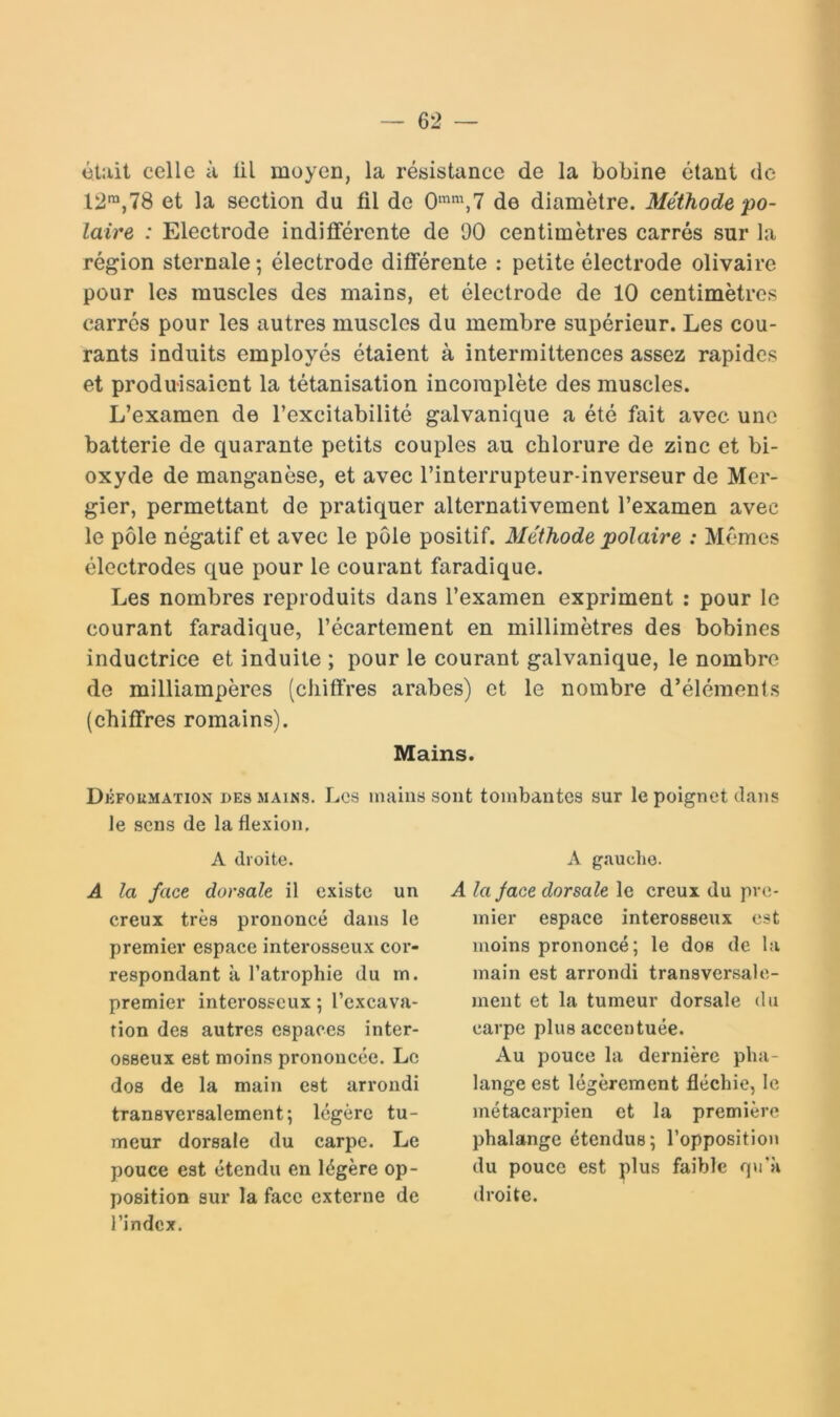 était celle à lil moyen, la résistance de la bobine étant de 12'^,78 et la section du fil de de diamètre. Méthode po- laire : Electrode indifférente de 90 centimètres carrés sur la région sternale; électrode différente : petite électrode olivaire pour les muscles des mains, et électrode de 10 centimètres carres pour les autres muscles du membre supérieur. Les cou- rants induits employés étaient à intermittences assez rapides et produisaient la tétanisation incomplète des muscles. L’examen de l’excitabilité galvanique a été fait avec une batterie de quarante petits couples au chlorure de zinc et bi- oxyde de manganèse, et avec l’interrupteur-inverseur de Mer- gier, permettant de pratiquer alternativement l’examen avec le pôle négatif et avec le pôle positif. Méthode polaire : Mêmes électrodes que pour le courant faradique. Les nombres reproduits dans l’examen expriment ; pour le courant faradique, l’écartement en millimètres des bobines inductrice et induite ; pour le courant galvanique, le nombre de milliampères (chiffres arabes) et le nombre d’éléments (ehiffres romains). Dkfoumatiox des mains. Les mains sont tombantes sur le poignet dans le sens de la flexion. Mains. A droite. A gaucho. A la face dorsale il existe un creux très prononcé dans le premier espace interosseux cor- respondant à l’atrophie du m. premier interosseux ; l’excava- tion des autres espaces inter- osseux est moins prononcée. Le dos de la main est arrondi transversalement; légère tu- meur dorsale du carpe. Le pouce est étendu en légère op- position sur la face externe de l’index. A la face dorsale le creux du pre- mier espace interosseux est moins prononcé; le dos de la main est arrondi transversale- ment et la tumeur dorsale du carpe plus accentuée. Au pouce la dernière pha- lange est légèrement fléchie, le métacarpien et la première phalange étendus; l’opposition du pouce est plus faible qu’à droite.