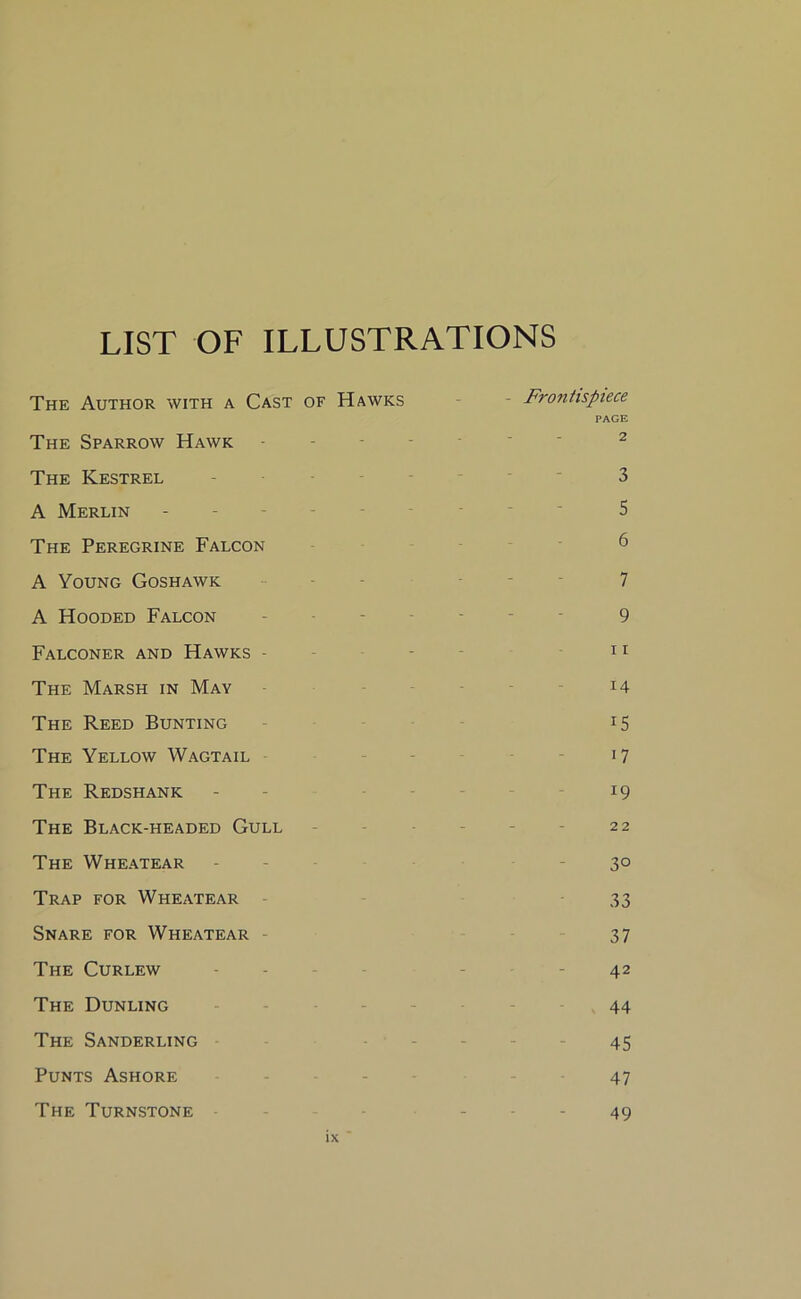 LIST OF ILLUSTRATIONS The Author with a Cast of Hawks - - Frontispiece PAGE The Sparrow Hawk 2 The Kestrel 3 A Merlin -------- 5 The Peregrine Falcon 6 A Young Goshawk - 7 A Hooded Falcon ------- 9 Falconer and Hawks - - 11 The Marsh in May 14 The Reed Bunting *5 The Yellow Wagtail i 7 The Redshank - - - - 19 The Black-headed Gull - - - 22 The Wheatear - 30 Trap for Wheatear 33 Snare for Wheatear 37 The Curlew - - 42 The Dunling 44 The Sanderling 45 Punts Ashore - 47 The Turnstone - 49