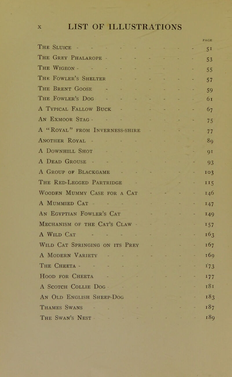 PAGE The Sluice --------- 51 The Grey Phalarope 53 The Wigeon - - 55 The Fowler’s Shelter 57 The Brent Goose - - 59 The Fowler’s Dog 61 A Typical Fallow Buck ----- 67 An Exmoor Stag - - - - - - - 75 A “Royal” from Inverness-shire - 77 Another Royal - - - - 89 A Downhill Shot - 91 A Dead Grouse - • -93 A Group of Blackgame ... - - 103 The Red-Legged Partridge 115 Wooden Mummy Case for a Cat - - 146 A Mummied Cat - - 147 An Egyptian Fowler’s Cat - 149 Mechanism of the Cat’s Claw 157 A Wild Cat - 163 Wild Cat Springing on its Prey - 167 A Modern Variety - - - - - 169 The Cheeta - *73 Hood for Cheeta - - - - 177 A Scotch Collie Dog 18 i An Old English Sheep-Dog 183 Thames Swans - 187 The Swan’s Nest 189