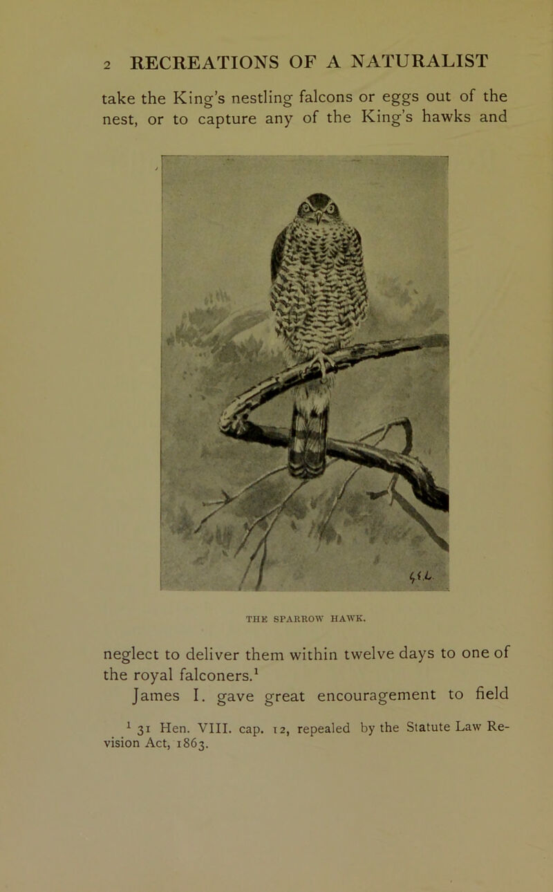 take the King’s nestling falcons or eggs out of the nest, or to capture any of the King’s hawks and THE SPARROW HAWK. neglect to deliver them within twelve days to one of the royal falconers.1 James I. gave great encouragement to field 1 31 Hen. VIII. cap. 12, repealed by the Statute Law Re- vision Act, 1863.