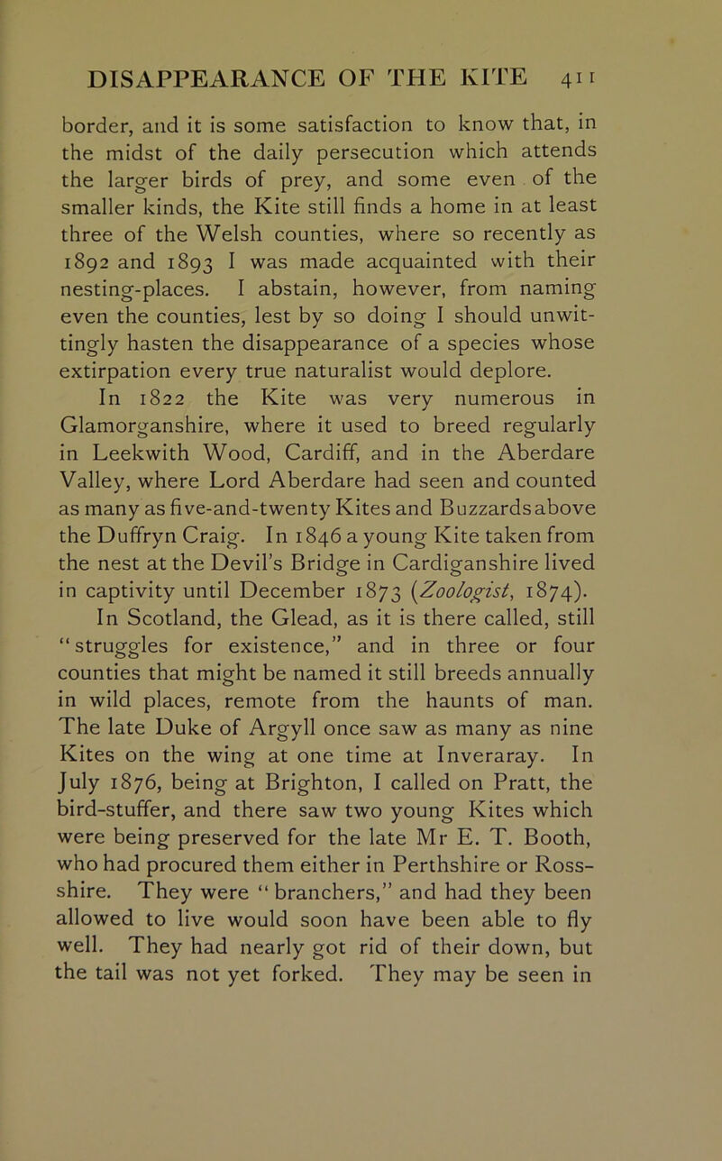 border, and it is some satisfaction to know that, in the midst of the daily persecution which attends the larger birds of prey, and some even of the smaller kinds, the Kite still finds a home in at least three of the Welsh counties, where so recently as 1892 and 1893 I was made acquainted with their nesting-places. I abstain, however, from naming even the counties, lest by so doing I should unwit- tingly hasten the disappearance of a species whose extirpation every true naturalist would deplore. In 1822 the Kite was very numerous in Glamorganshire, where it used to breed regularly in Leekwith Wood, Cardiff, and in the Aberdare Valley, where Lord Aberdare had seen and counted as many as five-and-twenty Kites and Buzzardsabove the Duffryn Craig. In 1846 a young Kite taken from the nest at the Devil’s Bridge in Cardiganshire lived in captivity until December 1873 (Zoologist, 1874). In Scotland, the Glead, as it is there called, still “ struggles for existence,” and in three or four counties that might be named it still breeds annually in wild places, remote from the haunts of man. The late Duke of Argyll once saw as many as nine Kites on the wing at one time at Inveraray. In July 1876, being at Brighton, I called on Pratt, the bird-stuffer, and there saw two young Kites which were being preserved for the late Mr E. T. Booth, who had procured them either in Perthshire or Ross- shire. They were “ branchers,” and had they been allowed to live would soon have been able to fly well. They had nearly got rid of their down, but the tail was not yet forked. They may be seen in