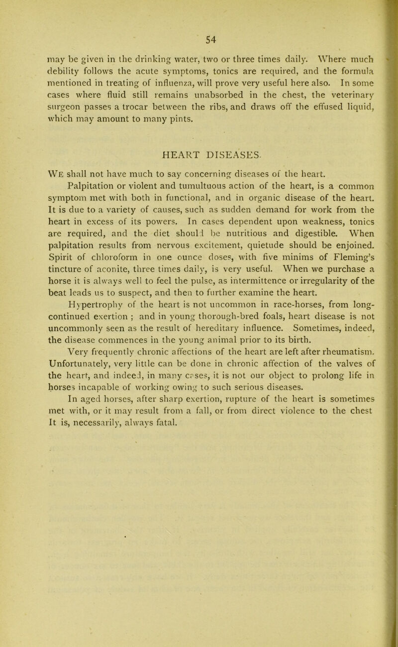 may be given in the drinking water, two or three times daily. Where much debility follows the acute symptoms, tonics are required, and the formula mentioned in treating of influenza, will prove very useful here also. In some cases where fluid still remains unabsorbed in the chest, the veterinary surgeon passes a trocar between the ribs, and draws off the effused liquid, which may amount to many pints. HEART DISEASES- We shall not have much to say concerning diseases of the heart. Palpitation or violent and tumultuous action of the heart, is a common symptom met with both in functional, and in organic disease of the heart. It is due to a variety of causes, such as sudden demand for work from the heart in excess of its powers. In cases dependent upon weakness, tonics are required, and the diet should be nutritious and digestible. When palpitation results from nervous excitement, quietude should be enjoined. Spirit of chloroform in one ounce doses, with five minims of Fleming’s tincture of aconite, three times daily, is very useful. When we purchase a horse it is always well to feel the pulse, as intermittence or irregularity of the beat leads us to suspect, and then to further examine the heart. Hypertrophy of the heart is not uncommon in race-horses, from long- continued exertion ; and in young thorough-bred foals, heart disease is not uncommonly seen as the result of hereditary influence. Sometimes, indeed, the disease commences in the young animal prior to its birth. Very frequently chronic affections of the heart are left after rheumatism. Unfortunately, very little can be done in chronic affection of the valves of the heart, and indeed, in many cases, it is not our object to prolong life in horses incapable of working owing to such serious diseases. In aged horses, after sharp exertion, rupture of the heart is sometimes met with, or it may result from a fall, or from direct violence to the chest It is, necessarily, always fatal.