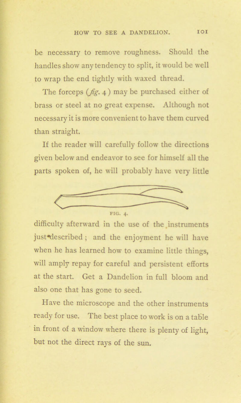 be necessary to remove roughness. Should the handles show any tendency to split, it would be well to wrap the end tightly with waxed thread. The forceps (fig. 4 ) may be purchased either of brass or steel at no great expense. Although not necessary' it is more convenient to have them curved than straight. If the reader will carefully follow the directions given below and endeavor to see for himself all the parts spoken of, he will probably have very’ little difficulty afterward in the use of the .instruments just*described ; and the enjoyment he will have when he has learned how to examine little things, will amply repay for careful and persistent efforts at the start. Get a Dandelion in full bloom and also one that has gone to seed. Have the microscope and the other instruments ready for use. The best place to work is on a table in front of a window where there is plenty of light, but not the direct rays of the sun. FIG. 4.