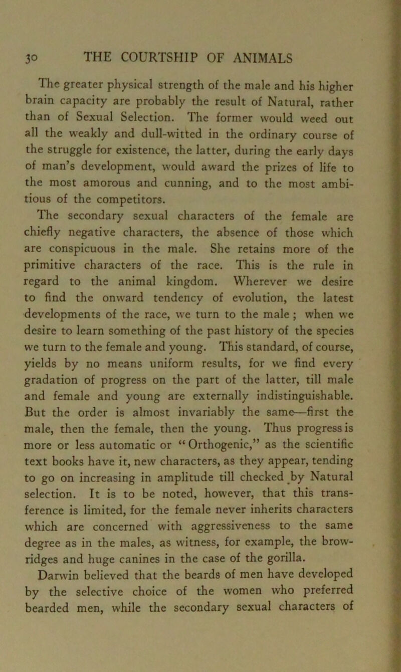 The greater physical strength of the male and his higher brain capacity are probably the result of Natural, rather than of Sexual Selection. The former would weed out all the weakly and dull-witted in the ordinary course of the struggle for existence, the latter, during the early days of man’s development, would award the prizes of life to the most amorous and cunning, and to the most ambi- tious of the competitors. The secondary sexual characters of the female are chiefly negative characters, the absence of those which are conspicuous in the male. She retains more of the primitive characters of the race. This is the rule in regard to the animal kingdom. Wherever we desire to find the onward tendency of evolution, the latest developments of the race, we turn to the male ; when we desire to learn something of the past history of the species we turn to the female and young. This standard, of course, yields by no means uniform results, for we find every gradation of progress on the part of the latter, till male and female and young are externally indistinguishable. But the order is almost invariably the same—first the male, then the female, then the young. Thus progress is more or less automatic or “ Orthogenic,” as the scientific text books have it, new characters, as they appear, tending to go on increasing in amplitude till checked by Natural selection. It is to be noted, however, that this trans- ference is limited, for the female never inherits characters which are concerned with aggressiveness to the same degree as in the males, as witness, for example, the brow- ridges and huge canines in the case of the gorilla. Darwin believed that the beards of men have developed by the selective choice of the women who preferred bearded men, while the secondary sexual characters of