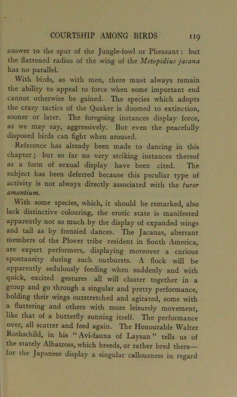 answer to the spur of the Jungle-fowl or Pheasant: but the flattened radius of the wing of the Metopidius jacana has no parallel. With birds, as with men, there must always remain the ability to appeal to force when some important end cannot otherwise be gained. The species which adopts the crazy tactics of the Quaker is doomed to extinction, sooner or later. The foregoing instances display force, as we may say, aggressively. But even the peacefully disposed birds can fight when aroused. Reference has already been made to dancing in this chapter; but so far no very striking instances thereof as a form of sexual display have been cited. The subject has been deferred because this peculiar type of activity is not always directly associated with the furor amantium. With some species, which, it should be remarked, also lack distinctive colouring, the erotic state is manifested apparently not so much by the display of expanded wings and tail as by frenzied dances. The Jacanas, aberrant members of the Plover tribe resident in South America, are expert performers, displaying moreover a curious spontaneity during such outbursts. A flock will be apparently sedulously feeding when suddenly and with quick, excited gestures all will cluster together in a group and go through a singular and pretty performance, holding their wings outstretched and agitated, some with a fluttering and others with more leisurely movement, like that of a butterfly sunning itself. The performance over, all scatter and feed again. The Honourable Walter Rothschild, in his “ Avi-fauna of Laysan ” tells us of the stately Albatross, which breeds, or rather bred there— for the Japanese display a singular callousness in regard