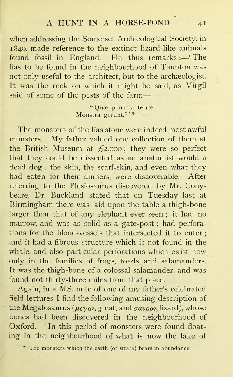 when addressing the Somerset Archaeological Society, in 1849, made reference to the extinct lizard-like animals found fossil in England. He thus remarks :—‘ The lias to be found in the neighbourhood of Taunton was not only useful to the architect, but to the archaeologist. It was the rock on which it might be said, as Virgil said of some of the pests of the farm— “ Quae plurima terrae Monstra gerunt.”’* The monsters of the lias stone were indeed most awful monsters. My father valued one collection of them at the British Museum at £2,000; they were so perfect that they could be dissected as an anatomist would a dead dog ; the skin, the scarf-skin, and even what they had eaten for their dinners, were discoverable. After referring to the Plesiosaurus discovered by Mr. Cony- beare, Dr. Buckland stated that on Tuesday last at Birmingham there was laid upon the table a thigh-bone larger than that of any elephant ever seen ; it had no marrow, and was as solid as a gate-post ; had perfora- tions for the blood-vessels that intersected it to enter ; and it had a fibrous structure which is not found in the whale, and also particular perforations which exist now only in the families of frogs, toads, and salamanders. It was the thigh-bone of a colossal salamander, and was found not thirty-three miles from that place. Again, in a MS. note of one of my father’s celebrated field lectures I find the following amusing description of the Megalosaurus (/xeya?, great, and cravpos, lizard), whose bones had been discovered in the neighbourhood of Oxford. ‘ In this period of monsters were found float- ing in the neighbourhood of what is now the lake of * The monsters which the earth (or strata) bears in abundance.