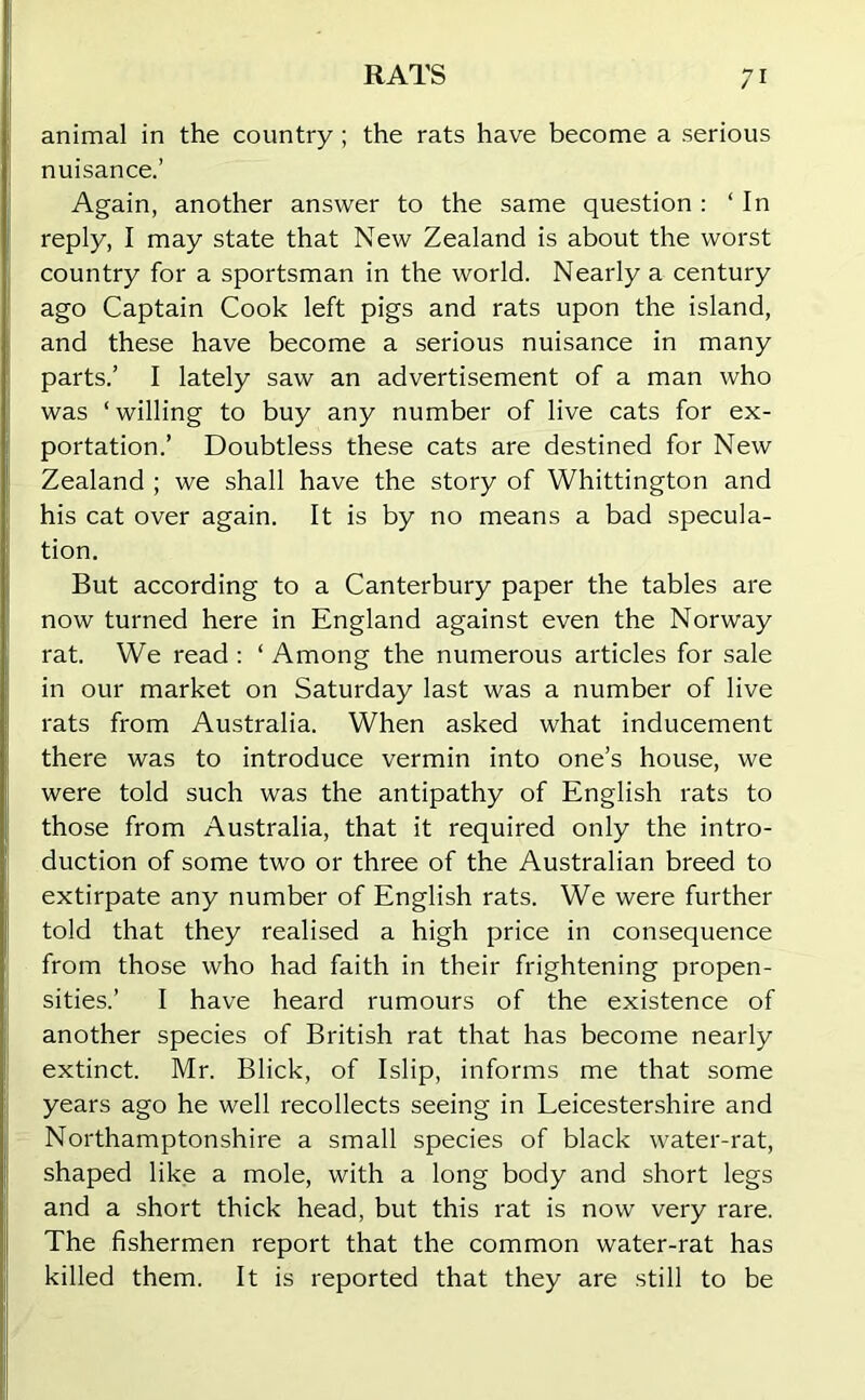 animal in the country ; the rats have become a serious nuisance.’ Again, another answer to the same question : ‘ In reply, I may state that New Zealand is about the worst country for a sportsman in the world. Nearly a century ago Captain Cook left pigs and rats upon the island, and these have become a serious nuisance in many parts.’ I lately saw an advertisement of a man who was ‘willing to buy any number of live cats for ex- portation.’ Doubtless these cats are destined for New Zealand ; we shall have the story of Whittington and his cat over again. It is by no means a bad specula- tion. But according to a Canterbury paper the tables are now turned here in England against even the Norway rat. We read : ‘ Among the numerous articles for sale in our market on Saturday last was a number of live rats from Australia. When asked what inducement there was to introduce vermin into one’s house, we were told such was the antipathy of English rats to those from Australia, that it required only the intro- duction of some two or three of the Australian breed to extirpate any number of English rats. We were further told that they realised a high price in consequence from those who had faith in their frightening propen- sities.’ I have heard rumours of the existence of another species of British rat that has become nearly extinct. Mr. Blick, of Islip, informs me that some years ago he well recollects seeing in Leicestershire and Northamptonshire a small species of black water-rat, shaped like a mole, with a long body and short legs and a short thick head, but this rat is now very rare. The fishermen report that the common water-rat has killed them. It is reported that they are still to be