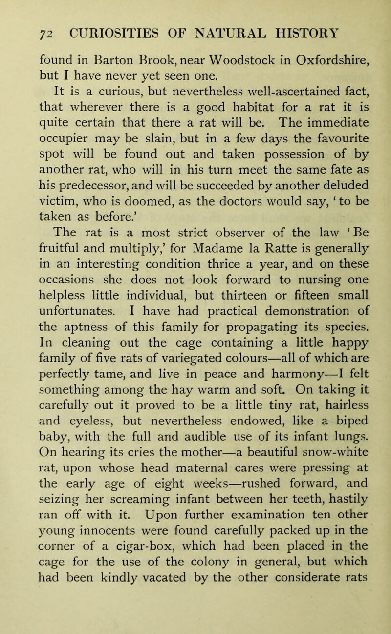 found in Barton Brook, near Woodstock in Oxfordshire, but I have never yet seen one. It is a curious, but nevertheless well-ascertained fact, that wherever there is a good habitat for a rat it is quite certain that there a rat will be. The immediate occupier may be slain, but in a few days the favourite spot will be found out and taken possession of by another rat, who will in his turn meet the same fate as his predecessor, and will be succeeded by another deluded victim, who is doomed, as the doctors would say, * to be taken as before.’ The rat is a most strict observer of the law ‘ Be fruitful and multiply,’ for Madame la Ratte is generally in an interesting condition thrice a year, and on these occasions she does not look forward to nursing one helpless little individual, but thirteen or fifteen small unfortunates. I have had practical demonstration of the aptness of this family for propagating its species. In cleaning out the cage containing a little happy family of five rats of variegated colours—all of which are perfectly tame, and live in peace and harmony—I felt something among the hay warm and soft. On taking it carefully out it proved to be a little tiny rat, hairless and eyeless, but nevertheless endowed, like a biped baby, with the full and audible use of its infant lungs. On hearing its cries the mother—a beautiful snow-white rat, upon whose head maternal cares were pressing at the early age of eight weeks—rushed forward, and seizing her screaming infant between her teeth, hastily ran off with it. Upon further examination ten other young innocents were found carefully packed up in the corner of a cigar-box, which had been placed in the cage for the use of the colony in general, but which had been kindly vacated by the other considerate rats
