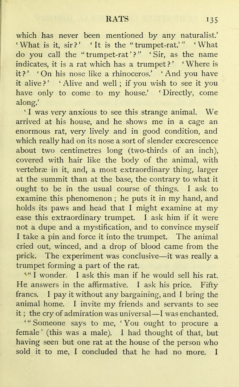 which has never been mentioned by any naturalist.’ ‘What is it, sir?’ ‘It is the “trumpet-rat.”’ ‘What do you call the “trumpet-rat’?” ‘Sir, as the name indicates, it is a rat which has a trumpet?’ ‘Where is it?’ ‘On his nose like a rhinoceros.’ ‘And you have it alive ? ’ ‘ Alive and well ; if you wish to see it you have only to come to my house.’ ‘ Directly, come along.’ ‘ I was very anxious to see this strange animal. We arrived at his house, and he shows me in a cage an enormous rat, very lively and in good condition, and which really had on its nose a sort of slender excrescence about two centimetres long (two-thirds of an inch), covered with hair like the body of the animal, with vertebrae in it, and, a most extraordinary thing, larger at the summit than at the base, the contrary to what it ought to be in the usual course of things. I ask to examine this phenomenon ; he puts it in my hand, and holds its paws and head that I might examine at my ease this extraordinary trumpet. I ask him if it were not a dupe and a mystification, and to convince myself I take a pin and force it into the trumpet. The animal cried out, winced, and a drop of blood came from the prick. The experiment was conclusive—it was really a trumpet forming a part of the rat. ‘ “ I wonder. I ask this man if he would sell his rat. He answers in the affirmative. I ask his price. Fifty francs. I pay it without any bargaining, and I bring the animal home. I invite my friends and servants to see it; the cry of admiration was universal—I was enchanted. ‘“Someone says to me, ‘You ought to procure a female ’ (this was a male). I had thought of that, but having seen but one rat at the house of the person who sold it to me, I concluded that he had no more. I