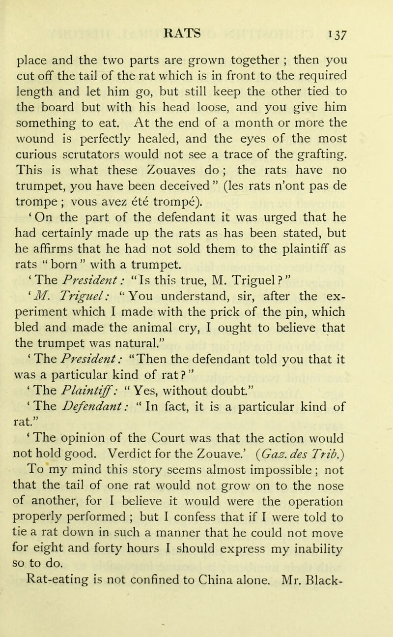 place and the two parts are grown together ; then you cut off the tail of the rat which is in front to the required length and let him go, but still keep the other tied to the board but with his head loose, and you give him something to eat. At the end of a month or more the wound is perfectly healed, and the eyes of the most curious scrutators would not see a trace of the grafting. This is what these Zouaves do; the rats have no trumpet, you have been deceived ” (les rats n’ont pas de trompe ; vous avez ete trompe). ‘ On the part of the defendant it was urged that he had certainly made up the rats as has been stated, but he affirms that he had not sold them to the plaintiff as rats “ born ” with a trumpet. ‘The President: “Is this true, M. Triguel?” ‘M. Triguel: “You understand, sir, after the ex- periment which I made with the prick of the pin, which bled and made the animal cry, I ought to believe that the trumpet was natural.” ‘ The jPresident: “Then the defendant told you that it was a particular kind of rat ? ” ‘ The Plaintiff: “ Yes, without doubt.” ‘ The Defendant: “ In fact, it is a particular kind of rat.” ‘ The opinion of the Court was that the action would not hold good. Verdict for the Zouave.’ (Gaz. des Trib.) To my mind this story seems almost impossible; not that the tail of one rat would not grow on to the nose of another, for I believe it would were the operation properly performed ; but I confess that if I were told to tie a rat down in such a manner that he could not move for eight and forty hours I should express my inability so to do. Rat-eating is not confined to China alone. Mr. Black-