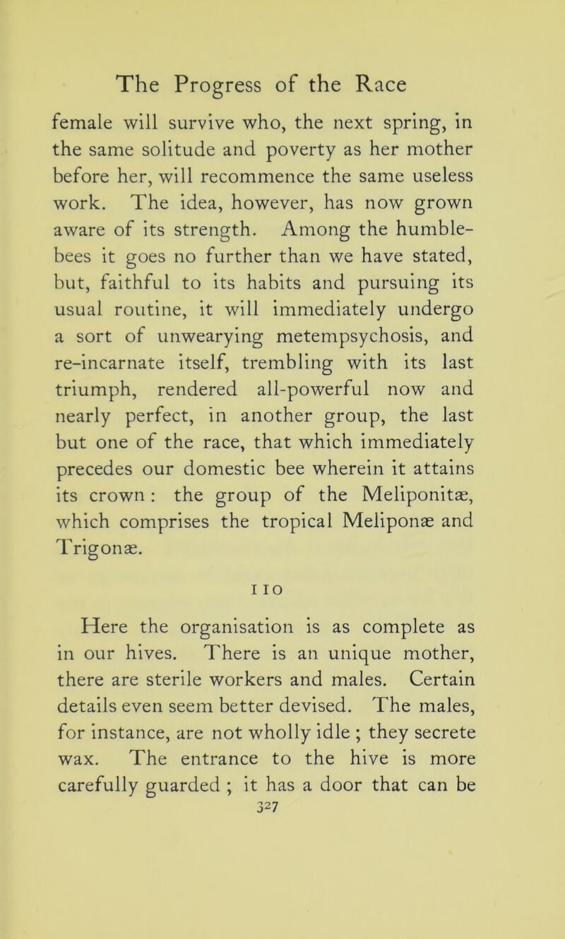 female will survive who, the next spring, in the same solitude and poverty as her mother before her, will recommence the same useless work. The idea, however, has now grown aware of its strength. Among the humble- bees it goes no further than we hâve stated, but, faithful to its habits and pursuing its usual routine, it will immediately undergo a sort of unwearying metempsychosis, and re-incarnate itself, trembling with its last triumph, rendered all-powerful now and nearly perfect, in another group, the last but one of the race, that which immediately précédés our domestic bee wherein it attains its crown : the group of the Meliponitæ, which comprises the tropical Meliponæ and Trigonæ. i io Here the organisation is as complété as in our hives. There is an unique mother, there are stérile workers and males. Certain details even seem better devised. The males, for instance, are not wholly idle ; they secrete wax. The entrance to the hive is more carefully guarded ; it has a door that can be
