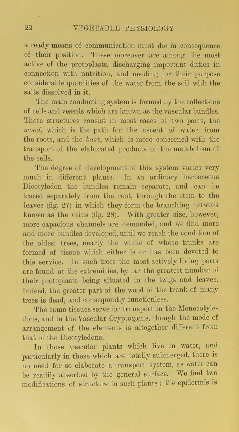 a ready means of communication must die in consequence of their position. These moreover are among the most active of the protoplasts, discharging important duties in connection with nutrition, and needing for their purpose considerable quantities of the water from the soil with the salts dissolved in it. The main conducting system is formed by the collections of cells and vessels which are known as the vascular bundles. These structures consist in most cases of two parts, the icood, which is the path for the ascent of water from the roots, and the bast, which is more concerned with the transport of the elaborated products of the metabolism of the cells. The degree of development of this system varies very much in different plants. In an ordinary herbaceous Dicotyledon the bundles remain separate, and can be traced separately from the root, through the stem to the leaves (tig. 27) in which they form the branching network known as the veins (tig. 28). With greater size, however, more capacious channels are demanded, and we find more and more bundles developed, until we reach the condition of the oldest trees, nearly the whole of whose trunks are formed of tissue which either is or has been devoted to this service. In such trees the most actively living parts are found at the extremities, by far the greatest number of their protoplasts being situated in the twigs and leaves. Indeed, the greater part of the wood of the trunk of many trees is dead, and consequently functionless. The same tissues serve for transport in the Monocotyle- dons, and in the Vascular Cryptogams, though the mode of arrangement of the elements is altogether different from that of the Dicotyledons. In those vascular plants which live in water, and particularly in those which are totally submerged, there is no need for so elaborate a transport system, as water can be readily absorbed by the general surface. We find two modifications of structure in such plants; the epidermis is