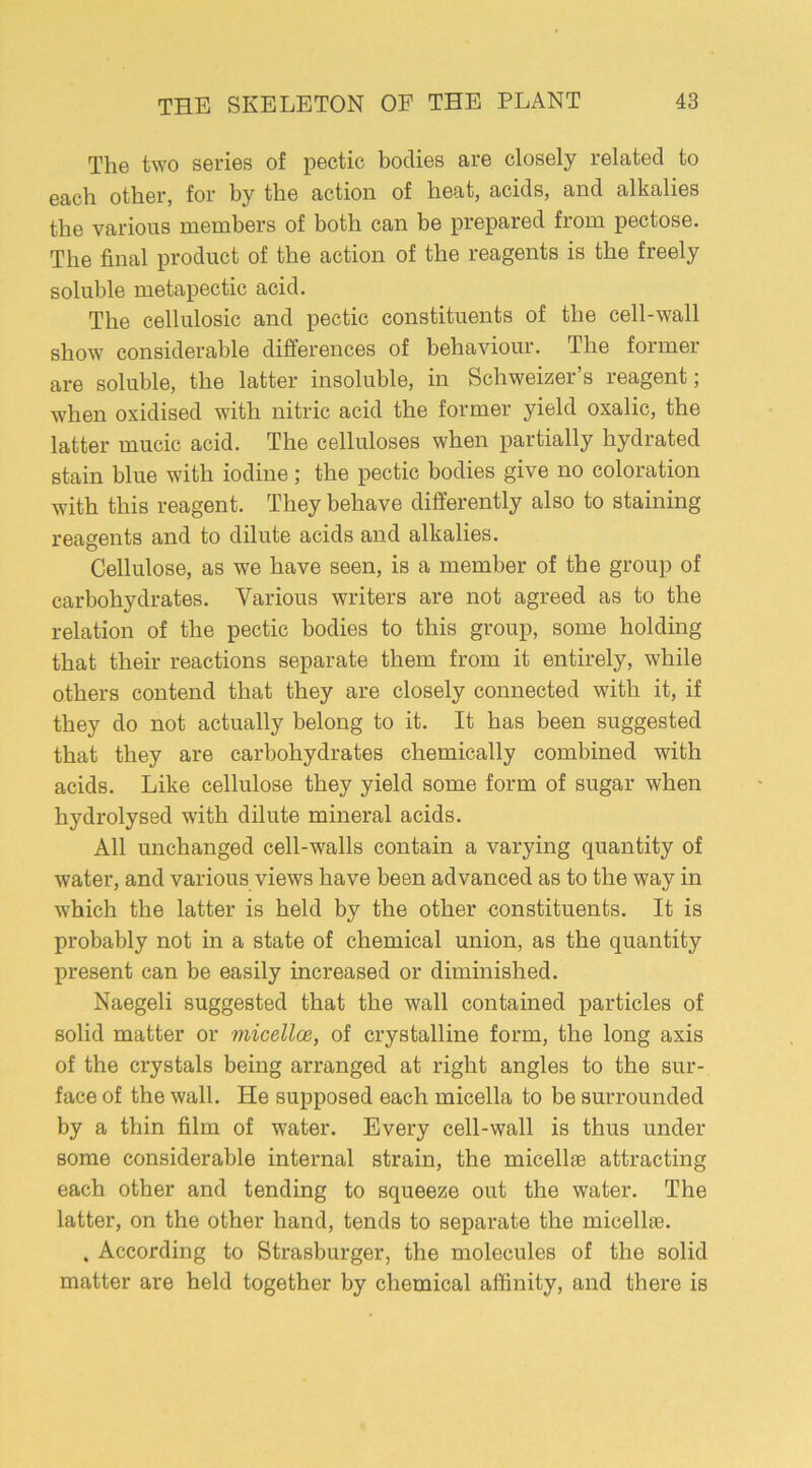The two series of pectic bodies are closely related to each other, for by the action of heat, acids, and alkalies the various members of both can be prepared from pectose. The final product of the action of the reagents is the freely soluble metapectic acid. The cellulosic and pectic constituents of the cell-wall show7 considerable differences of behaviour. The former are soluble, the latter insoluble, in Schweizer’s reagent; when oxidised with nitric acid the former yield oxalic, the latter rnucic acid. The celluloses when partially hydrated stain blue with iodine; the pectic bodies give no coloration with this reagent. They behave differently also to staining reagents and to dilute acids and alkalies. Cellulose, as we have seen, is a member of the group of carbohydrates. Various writers are not agreed as to the relation of the pectic bodies to this group, some holding that their reactions separate them from it entirely, while others contend that they are closely connected with it, if they do not actually belong to it. It has been suggested that they are carbohydrates chemically combined with acids. Like cellulose they yield some form of sugar when hydrolysed with dilute mineral acids. All unchanged cell-walls contain a varying quantity of water, and various views have been advanced as to the way in which the latter is held by the other constituents. It is probably not in a state of chemical union, as the quantity present can be easily increased or diminished. Naegeli suggested that the wall contained particles of solid matter or micellce, of crystalline form, the long axis of the crystals being arranged at right angles to the sur- face of the wall. He supposed each micella to be surrounded by a thin film of water. Every cell-wall is thus under some considerable internal strain, the micellje attracting each other and tending to squeeze out the water. The latter, on the other hand, tends to separate the micelhe. , According to Strasburger, the molecules of the solid matter are held together by chemical affinity, and there is