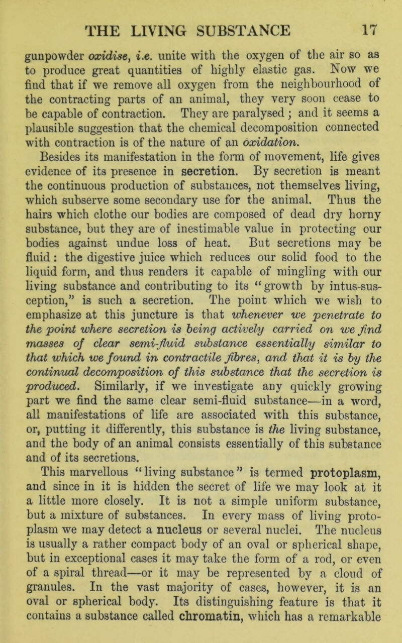 gunpowder oxidise, i.e. unite with the oxygen of the air so as to produce great quantities of highly elastic gas. Now we find that if we remove all oxygen from the neighbourhood of the contracting parts of an animal, they very soon cease to be capable of contraction. They are paralysed ; and it seems a plausible suggestion that the chemical decomposition connected with contraction is of the nature of an oxidation. Besides its manifestation in the form of movement, life gives evidence of its presence in secretion. By secretion is meant the continuous production of substances, not themselves living, which subserve some secondary use for the animal. Thus the hairs which clothe our bodies are composed of dead dry horny substance, but they are of inestimable value in protecting our bodies against undue loss of heat. But secretions may be fluid : the digestive juice which reduces our solid food to the liquid form, and thus renders it capable of mingling with our living substance and contributing to its “ growth by intussus- ception,” is such a secretion. The point which we wish to emphasize at this juncture is that whenever we penetrate to the point where secretion is being actively carried on we find masses of clear semi-fluid substance essentially similar to that which we found in contractile fibres, and that it is by the continual decomposition of this substance that the secretion is produced. Similarly, if we investigate any quickly growing part we find the same clear semi-fluid substance—in a word, all manifestations of life are associated with this substance, or, putting it differently, this substance is the living substance, and the body of an animal consists essentially of this substance and of its secretions. This marvellous “ living substance ” is termed protoplasm, and since in it is hidden the secret of life we may look at it a little more closely. It is not a simple uniform substance, but a mixture of substances. In every mass of living proto- plasm we may detect a nucleus or several nuclei. The nucleus is usually a rather compact body of an oval or spherical shape, but in exceptional cases it may take the form of a rod, or even of a spiral thread—or it may be represented by a cloud of granules. In the vast majority of cases, however, it is an oval or spherical body. Its distinguishing feature is that it contains a substance called chromatin, which has a remarkable