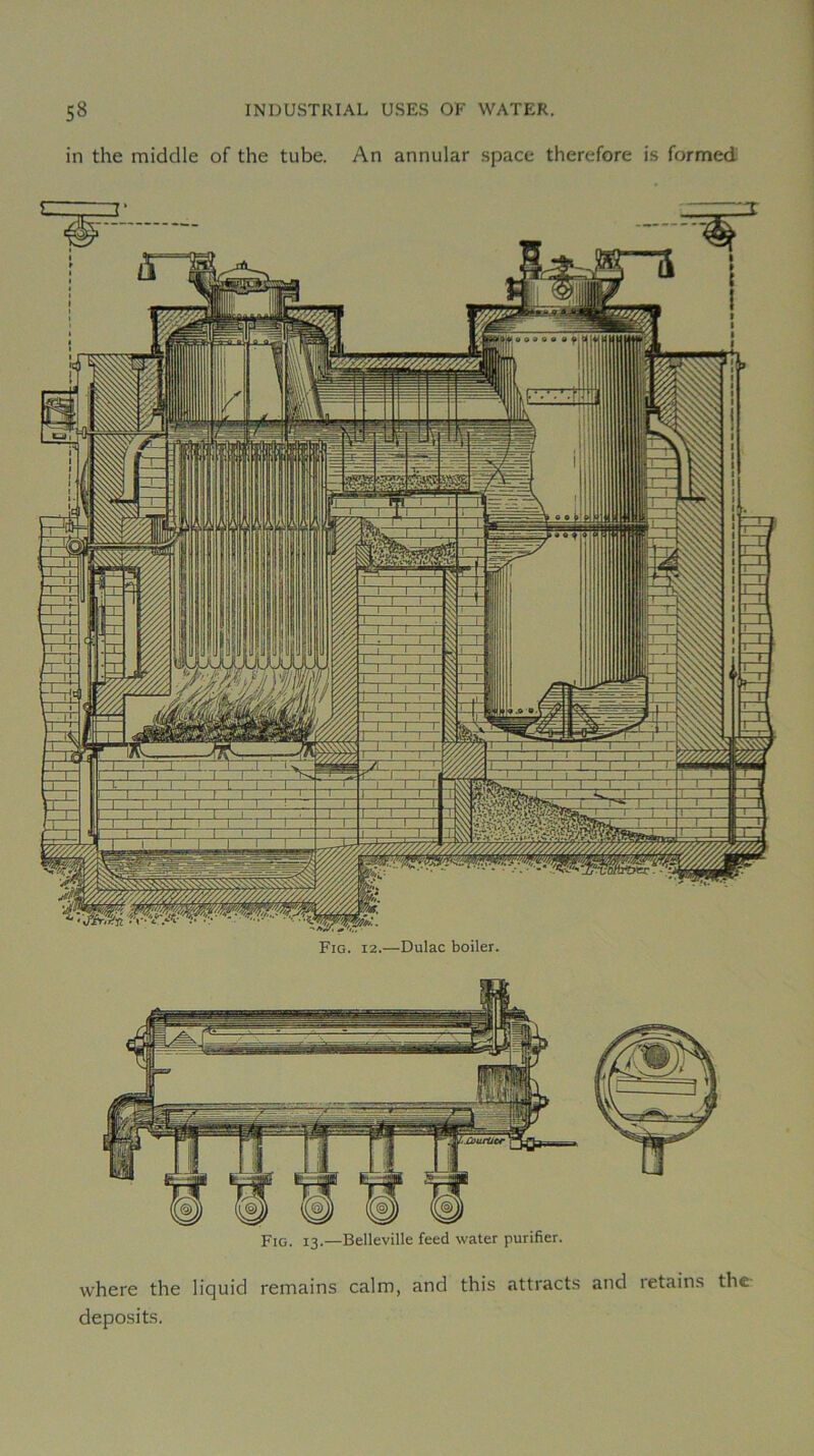 in the middle of the tube. An annular space therefore is formed Fig. 13.—Belleville feed water purifier. where the liquid remains calm, and this attracts and retains the- deposits.