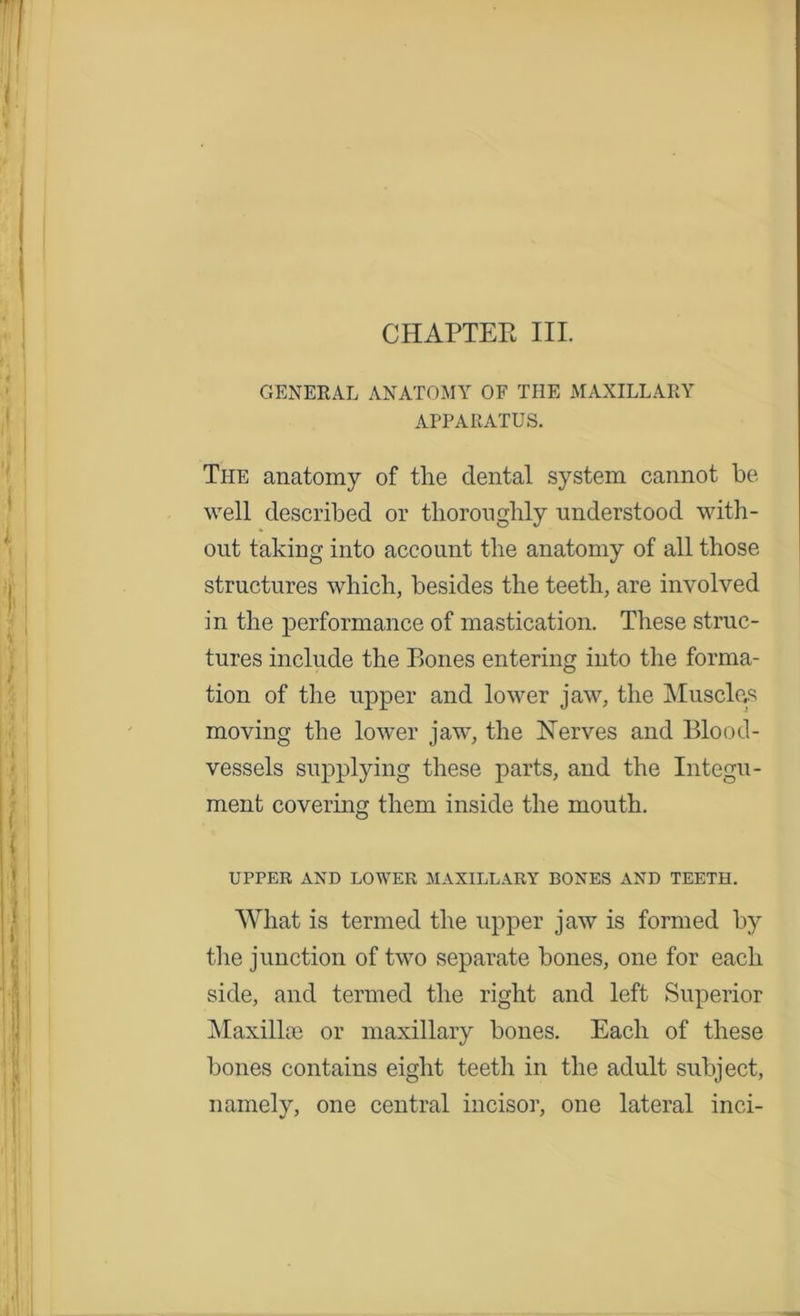 CHAPTER III. GENERAL ANATOMY OF THE MAXILLARY APPARATUS. The anatomy of the dental system cannot be well described or thoroughly understood with- out taking into account the anatomy of all those structures which, besides the teeth, are involved in the performance of mastication. These struc- tures include the Bones entering into the forma- tion of the upper and lower jaw, the Muscles moving the lower jaw, the Nerves and Blood- vessels supplying these parts, and the Integu- ment covering them inside the mouth. UPPER AND LOWER MAXILLARY BONES AND TEETH. Wliat is termed the upper jaw is formed by the junction of two separate bones, one for each side, and termed the right and left Superior Maxillae or maxillary bones. Each of these bones contains eight teeth in the adult subject, namely, one central incisor, one lateral inci-