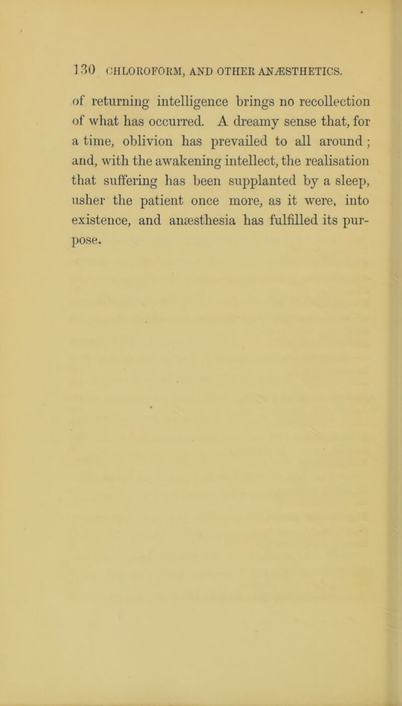 of returning intelligence brings no recollection of what has occurred. A dreamy sense that, for a time, oblivion has prevailed to all around ; and, with the awakening intellect, the realisation that suffering has been supplanted by a sleep, usher the patient once more, as it were, into existence, and anaesthesia has fulfilled its pur- pose.