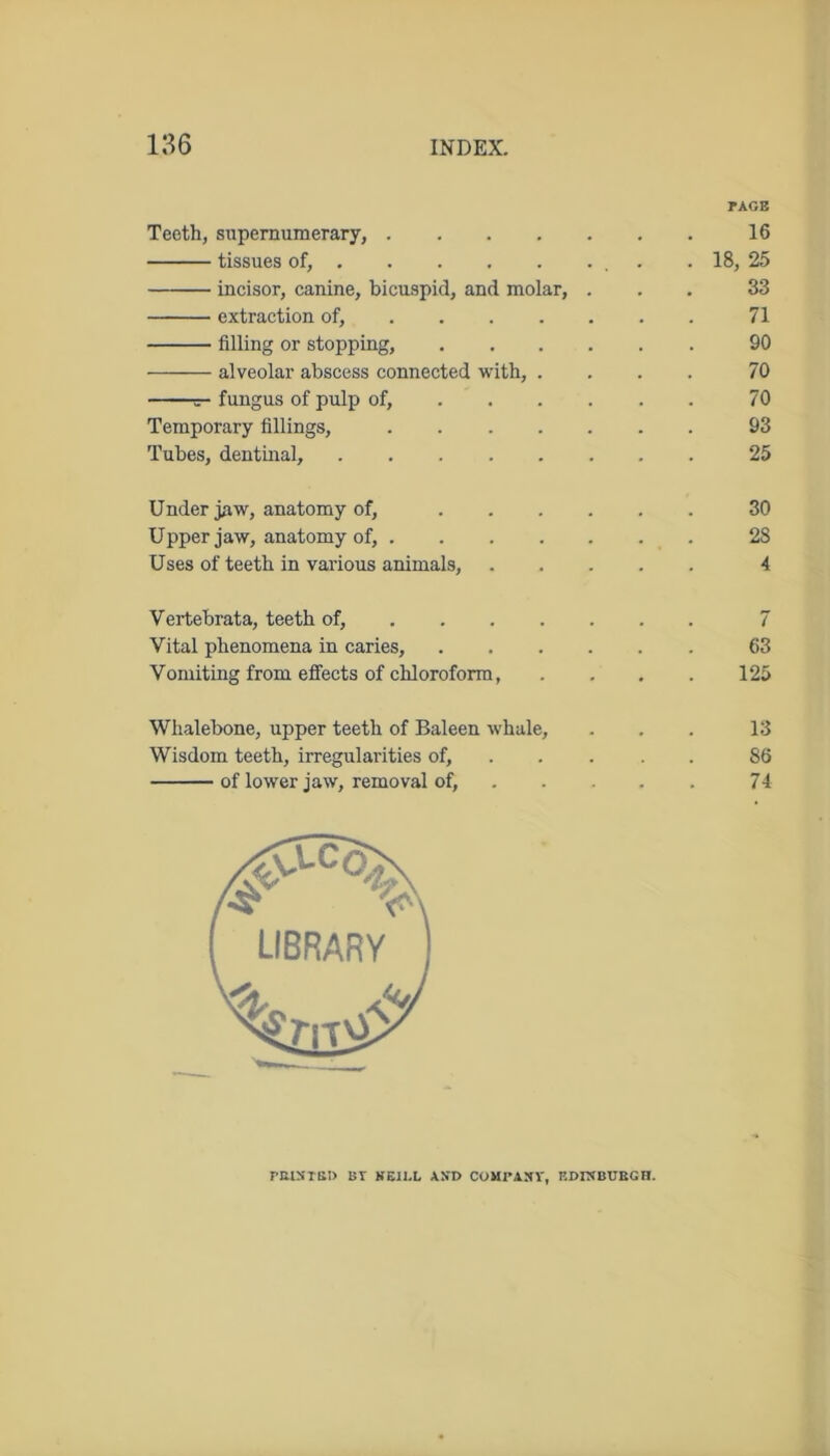 PAGE Teeth, supernumerary, 16 tissues of, . 18, 25 incisor, canine, bicuspid, and molar, ... 33 extraction of, 71 filling or stopping, 90 alveolar abscess connected with, . . . . 70 =- fungus of pulp of, 70 Temporary fillings, 93 Tubes, dentinal, 25 Under jaw, anatomy of, 30 Upper jaw, anatomy of, 28 Uses of teeth in various animals, 4 Vertebrata, teeth of, 7 Vital phenomena in caries, 63 Vomiting from effects of chloroform, . . . . 125 Whalebone, upper teeth of Baleen whale, . . . 13 Wisdom teeth, irregularities of, 86 of lower jaw, removal of, 74 PBtSTBU BY NE1I.L AND COMPANY, EDINBURGH.