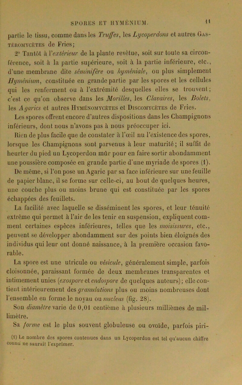 parlie le tissu, comme dans les Truffes, les Lycoperdons et autres Gas- TÉROMYCÈTEs de Frics) 2° Tantôt à Vextérieur de la plante revêtue, soit sur toute sa circon- férence, soit à la parlie supérieure, soit à la partie inférieure, etc., d’une membrane dite séminifère ou hyméniale, ou plus simplement IJyménium, constituée en grande parlie par les spores et les cellules qui les renferment ou à l’extrémité desquelles elles se trouvent ; c’est ce qu’on observe dans les Morilles, les Clavaires, les Bolets, les Agarics et autres IIyménomycètes et Discomycètes de Fries. Les spores offrent encore d’autres dispositions dans les Champignons inférieurs, dont nous n’avons pas à nous préoccuper ici. Rien de plus facile que de constater à l’œil nu l’existence des spores, lorsque les Champignons sont parvenus à leur maturité; il suffît de heurter du pied un Lycoperdon mûr pour en faire sortir abondamment une poussière composée en grande partie d’une myriade de spores (1). De même, si l’on pose un Agaric par sa face inférieure sur une feuille de papier blanc, il se forme sur celle-ci, au bout de quelques heures, une couche plus ou moins brune qui est constituée par les spores échappées des feuillets. La facilité avec laquelle se disséminent les spores, et leur ténuité extrême qui permet à l’air de les tenir en suspension, expliquent com- ment certaines espèces inférieures, telles que les moisissures, etc., peuvent se développer abondamment sur des points bien éloignés des individus qui leur ont donné naissance, à la première occasion favo- rable. La spore est une utricule ou vésicule, généralement simple, parfois cloisonnée, paraissant formée de deux membranes transparentes et intimement unies [exospore (ii endospore de quelques auteurs); elle con- tient intérieurement des granulations plus ou moins nombreuses dont l’ensemble en forme le noyau ou nucléus (fig. 28). Son diamètre yVina de 0,01 centième à plusieurs millièmes de mil- limètre. Sa forme est le plus souvent globuleuse ou ovoïde, parfois piri- (1) Le nombre des spores contenues dans un Lycoperdon est tel qu’aucun chiirre connu ne saurail l’exprimer.