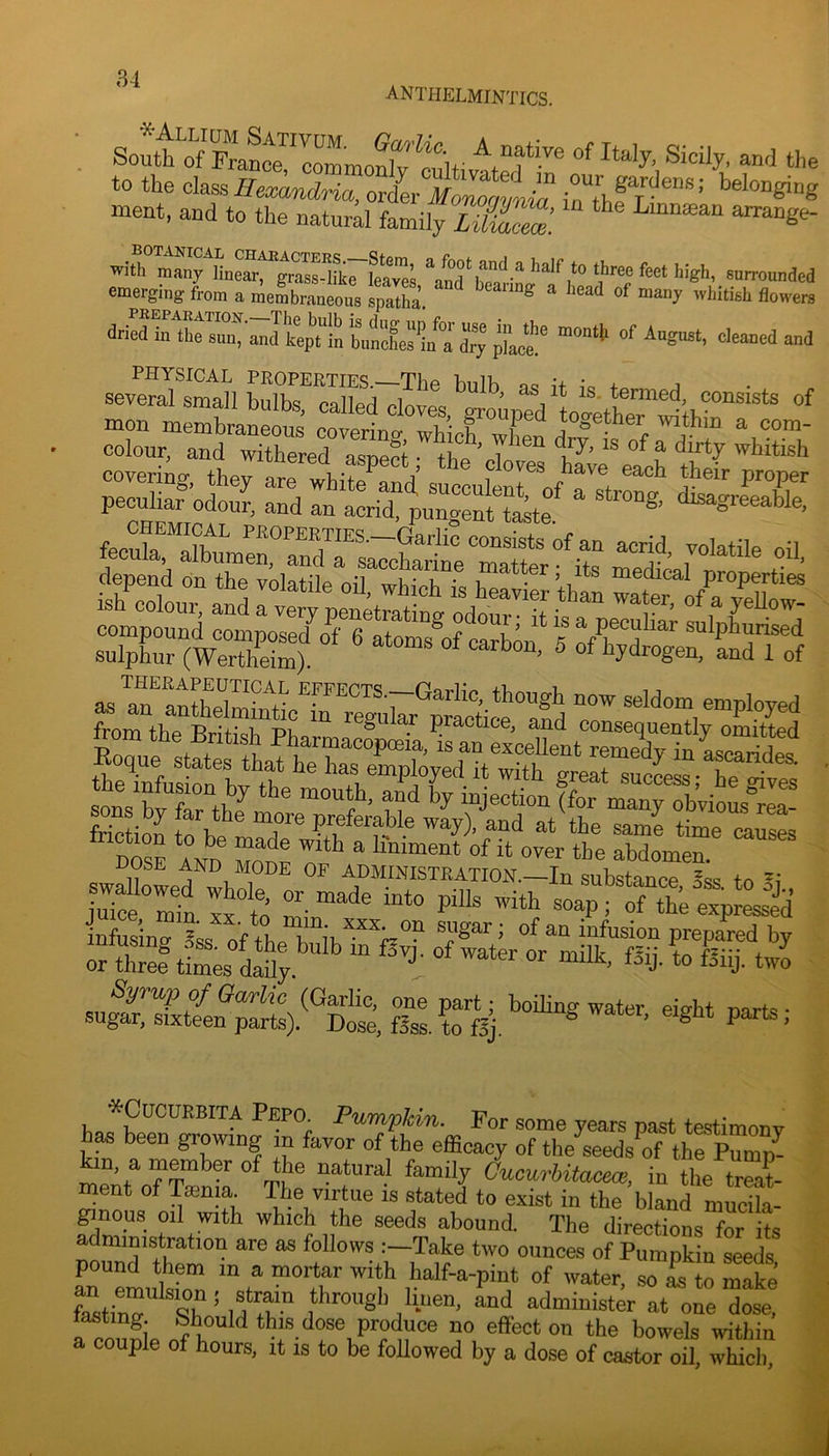 anthelmintics. : ™ and the Bexandria,oxiev M^mjnS iu”heL^™*’ meat, and to the natural family LiliH^Z’. ^ ^ with many UnSI“grasS7?^^^^^ \nf bTarin dried in the sun, and kept^in bunches^/a dry pL^ ^ ■'ifi» 7-* ?«; is covering they orf wLi?? V ^ tlieir proper peculiar’odou^. and an aorid!tung»^  disagreeable. 5c;tes?‘ Ss i.'; :„t i'iSf; S t ss~ sti iis; ‘“i' - Sis ris,;’ ssrii •'«“ *CU0UKBITA P£P0 Pumpkin. For some years past testimony h^ been growing m favor of the efficacy of the seeds'lf the pS me“rt o?T^nS Oucurbita^^,, in the S- tnent of Itenia. The virtue is stated to exist in the bland mucila- ginous oil with which the seeds abound. The directions for its administration are as follows :—Take two ounces of Pumpkin seeds areLlsfo^ “ ^ “.‘r f of water, so £ to make Stinv T* and administer at one dose, °™“‘d this dose produce no effect on the bowels within a couple of hours, it is to be followed by a dose of castor oil, which.