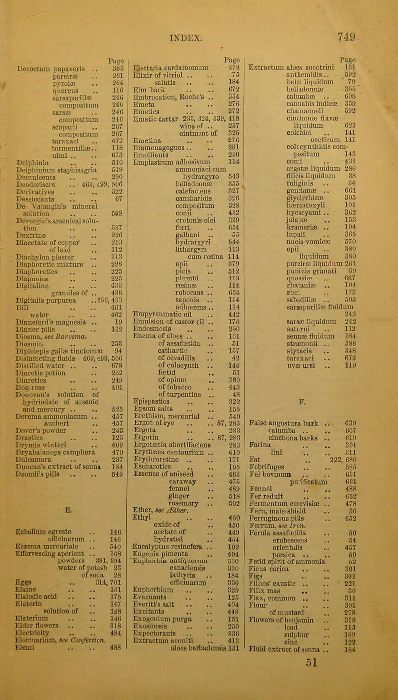f Page Decoctum papaveris .. 383 pareine .. 261 pyroloB .. 264 qiiercus .. 116 sarsaparillffi 246 conipositum 246 sarste .. 246 compositum 246 scoparii .. 267 compositum 267 taraxaci .. 672 tormentiUae.. 118 iilmi .. .. 673 Delphinia .. .. 610 Delphinium staphisagria 519 Demulcents .. .. 290 Deodorisers .. 469, 499, 506 Derivatives .. 322 Dessiccants .. .. 67 De Yalangin’s mineral solution .. .. 508 De\’ergie’s ai'senical solu- tion .. .. 597 Dextrine .. .. 296 Diacetate of coppei' .. 213 of lead .. 112 Diachylon plaster .. 113 Diaphoretic mixture .. 228 Diaphoretics .. .. 225 Diapnoics .. .. 225 Digitaline .. .. 433 granules of .. 436 Digitalis purpurea .. 256, 433 DiU .... 461 water .. .. 462 Dinneford's magnesia .. 19 Dinner puis .. .. 132 Diosma, see Barosma. Diosmiii .. .. 253 Diplolepis gallse tinctorum 94 Disinfecting fluids 469,499, 506 Distilled water .. 678 Diuretic potion 252 Diuretics 249 Dog-rose , , 401 Donovan’s solution of hydriodate of arsenic and mercury .. • • 525 Dorema ammoniacum 457 aucheri 457 Dover’s powder 243 Drastics , , 125 Drymis winter! 609 Diyabalanops camphora 470 Dulcamara 237 Duncan’s extract of senna 184 Dzondi’s pills • • 549 E. Eebalium egreste 146 offleinarum .. 146 Eczema mercuriale 640 Efiervescing aperient .. 168 powders 391, 394 water of potash 23 of soda 28 Eggs .. 314, 701 Elaine 161 Elaiodlc acid 175 Elaterin 147 solution of 148 Elaterium 146 Elder flowers 318 Electricity 484 Electuarium, see Confection. Elemi 488 Page EHettaria cardamomiim 474 Elixir of vitriol .. .. 75 salutis .. .. 184 Elm bark .. .. 672 Embrocation, Roche’s .. 334 Emeta .. .. 276 Emetics .. .. 272 Emetic tartar 235, 324, 339, 418 wine of .. 237 ointment of 325 Emetina .. .. 276 Emmenagogues.. .. 281 Emollients .. .. 290 Emplastrum adhesivum 114 ammoniaci cum hydrargyro 643 belladonna 355, calefaciens 327 cantharidis 326 compositum 328 conii .. 432 crotonis olei 329 ferri .. 654 galbani .. 55 hydrargyri 644 lithargyri 113 cum resina 114 opii .. 379 picis .. 612 plumbi .. 113 resinse .. 114 roborans .. 654 saponis .. 114 adhterens.. 114 Empyi’eumatic oil .. 442 Emulsion of castor oil .. 176 Endosmosis .. .. 250 Enema of aloes .. .. 131 of assafoetida .. 51 cathartic .. 157 of cevadilla .. 42 of colocynth .. foetid of opium ,. of tobacco of turpentine .. Epispastics Epsom salts Erethism, mercurial .. Ergot of rye Ergota Ergotin Ergotsetia abortifaciens Erythrma centauiium .. Erythroretine .. Escharotics Essence of aniseed caraway fennel ginger rosemary .. EUier, see JElher. Ethyl oxide of acetate of hydrated Eucalyptus resinefera .. Eugenia pimenta Euphorbia antiquorum canariensis lathyris oflScinarum Euphorbium Evacuants Everitt’s salt Excitants Exogonium purga Exosmosis Expectorants Extractum aconiti 144 61 380 443 48 322 155 540 87, 283 283 87, 283 283 610 171 195 463 476 489 518 502 450 450 449 454 102 494 330 330 184 330 329 126 404 448 151 260 336 413 aloes barbadensis 131 Page Extractum aloes socotrini 131 anthemidis.. 692 belre liquidum  79 beUadonnffi 355 calumbiE .. 608 cannabis indicse 359 chamsBmeli 692 cinchonas flavm liquidum 623 colchici .. 141 aceticum 141 colocynthidis com- positum 143 conii .. 431 ergotas liquidum 286 fllicis liquidum 38 fuliginis .. 54 gentianae .. 661 glycirrliizae 305 hffimatoxyli 101 hyoscyami .. 362 jalapaa .. 153 krameriae .. 104 lupuli .. 365 nucis vomicEe 670 opii .. 380 liquidum 380 pareirJE liquidum 261 punicis gi'anati 39 quassias .. 667 rhatanias .. 104 rliei .. 173 sabadilloe .. 603 sarsaparillae fluidum 243 sarsaj liquidum 242 saturni .. 112 sennae fluidum 184 stramonii .. 386 styracis .. 348 taraxaci .. 672 UVEBUlsi .. 119 E. False angostura bark .. 630 caliunba .. 607 cinchona barks .. 619 Farina 301 lini 311 Fat .. 222, 686 Febrifuges 585 Fel bovinum 631 purificatum 631 Fennel 488 Fer redult 632 Fermentum cerevisise .. 478 Fern, male-shield 36 Fenniginous pills 652 Ferrum, see Iron. Ferula assaftetida 50 erubescens 54 orlentalis 457 persica .. 60 Fetid spirit of ammonia 62 Ficus carica 301 Figs 301 Filhos’ caustic .. 221 Filix mas 36 Flax, common .. 311 Flour 301 of mustard 278 Flowers of benjamin .. 333 lead 113 sulphur 189 zine 122 Fluid extract of senna .. 184 51