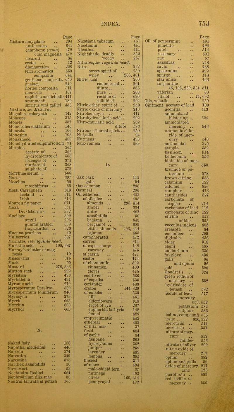 Page Mistura ainygdalaj .. 294 antihectica .. 641 camphorae (aqua) 472 cum magnesia 472 creasoti .. 84 cretse .. .. 12 dlaphoretica .. 228 ferri aromatica 650 compositn 641 gentianas composita 650 guaiaci .. 240 hordei composita 311 monesite .. 107 naphthffi medicinalis 441 scammonii .. 180 spiritus vini gallici 456 Mixture, see Mistura, Mogadore colocynth 142 Molasses 315 Momes 357 Momordica elaterium .. 146 Monesia 106 Monesine .. 106 Monkshood 409 Monohydrated sulphm’ic acid 71 Morphia 365 acetate of 366 hydrochlorate of 368 lozenges of 371 mmiate of 368 sulphate of 372 Morrhuse oleum .. 566 Monts 397 Moschus 55 moschiferus .. 55 Moss, Carragheen 613 Iceland .. 611 Irish 613 Jlonre’s fly paper 671 Moxa 331 Dr. Osborne’s 332 Mucilago 309 amyli .. 296 gummi arahici 309 tragacanthse .. 320 Mucuna pruriens 40 Mulherries 397 Muriates, see required head. kluriatic acid .. 198 687 Murray’s solution of mag- nesia 19 Muscorado 315 Musk 55 Mustard .. 278,833 Mutton suet 292 Myristica 493 Myristicine 494 Myronic acid 279 Myrospermum Pereirse 339 Myrospermum toluLferum 340 Myrosyne 279 Myrrh 663 Myrrhin 663 Myrrhol 663 N. Naked lady 138 Naphtha, medicinal 440 Narcein S74 Narcotics 349 Narcotina 375 Narthex assafoetida 50 Navelwort 63 Ncctandra Rodiati 664 Nephrodrium flllx mas 36 Neutral tartrate of potash 165 Page Nicotiana tabacum .. 441 Nicotianin .. .. 441 Nicotina .. .. 441 Nightshade, deadly .. 352 woody .. 237 Nitrates, see required head. Nitre .. .. 262 sweet spirit of .. 250 whey .. 263,401 Nitric acid .. .. 200 commercial .. 201 dilute.. . • 586 pure .. .. 200 residue of .. 690 solidified .. 202 Nitric ether, spirit of .. 250 Nitric oxide of mercury 216 Nitrobenzoyle .. .. 417 Nitrohydrochloric acid.. 202 Niti'o-muriatic acid .. 202 dilute 586 Nitrous ethereal spii-it.. 250 Nutgalls , , 94 Nutmegs , , 493 Nux-vomica . • 569 0. Oak hark 115 galls 94 Oat common 296 Oatmeal 296 Oil ffithereal , , 453 of allspice , , 495 almonds .. 293, 414 amber 334 anise 462 assafoetida , * 50 hadiana 643 bergamot .. 689 bitter almonds 293, 414 cajuput 465 camphorated • • 472 carron , ^ 314 of caper spurge , • 148 caraway .. . . 476 of cassia , , 477 castor , , 174 of chamomile • • 692 cinnamon 480 cloves 475 cod-liver 566 of copaiba , , 535 coriander 483 croton 144, 329 of cubebs 635 diU 461 elderflowers • • 318 ergot of rye . • 287 euphorbia lathyris 148 fennel 489 empyreumatic , , 442 ethereal 453 of fllix mas 37 fusel 684 of garlic , , 34 henbane 862 hyoscyamus , , 362 juniper , , 259 lavender 489 lemons 395 linseed Sll of mace 494 male-shield fern 37 nutmegs • , 493 olives IGO, 314 pennyroyal 492 Page Oil of peppermint 491 pimento 494 pitch 614 rosemary 601 rue 57 sassafras 248 savin 288 spearmint 492 spurge 148 star anise turpentine 463 46, 193, 269, 334, , 511 valerian 60 vitriol .. ..71 , 692 Oils, volatile 259 Ointment, acetate of lead 109 aconitia ammoniacal 413 blistering .. ammonlated 324 mercury .. ammonlo chlo- ride of mer- 546 cury 546 antimonial 325 atropia 352 basiiicon 614 belladonna biniodide of mer- 366 cuiy bromide of po- 660 tassium 678 brown citrine 653 calamine 122 calomel 656 camphor 473 cantharides carbonate of 327 copper 214 carbonate of lead 112 carbonate of zinc 122 citrine 652 milder 663 cocculus indicus 483 creasote 84 cucumber 299 digitalis 436 elder 318 elemi 488 euphorbium 330 foxglove 436 galls 96 and opium 96 gold 526 Gondret’s green iodide of 324 mercury .. hydriodate of 652 potash 682 iodide of lead mercury 677 550, potassium 552 582 sulphur 583 iodine, compound 565 issue .. 330, 332 mercurial .. 544 mezereon .. nitrate of mer- 331 cm-y 552 milder 653 nitrate of silver nitric oxide of 209 mercury .. 217 oiiium 382 opium and galls 96 oxide of mercury 217 zinc 123 picrotoxin .. red iodide of 483 mercury .. 650