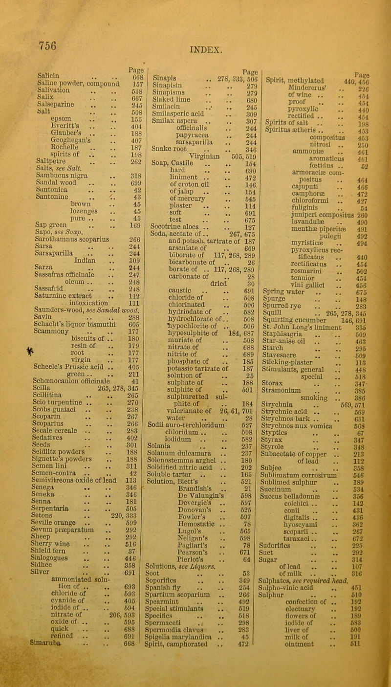 INDEX. Page Salicln ,, .. cos Siillne powder, compound 167 Salivation .. 538 Salix .. .. 667 Salseparine .. 245 iialt .. .. 608 epsom .. .. 156 Everitt’s .. .. 404 Glauber’s .. I88 Geoghegan’s .. 407 Rochelle .. 187 spirits of .. .. 108 Saltpetre .. .. 262 Salts, see Salt. Sambucus nigra .. 318 Sandal wood .. .. 699 Suntonica .. .. 42 Santonine .. <. 43 brown .. 45 lozenges ,. 45 pm-e .. .. 43 Sap green 169 Sapo, see Soap. Sarothamnus scoparius 266 Sarsa ,. ., 244 Sarsaparilla .. .. 244 Indian .. 309 Sarza .. ,, 244 Sassafras ofBcinale .. 247 oleum.. .. 248 Sassafiid .. .. 248 Saturnine extract .. 112 intoxication 111 Saunders-wood, see Sandal wood. Savin .. .. 288 Schacht’s liquor bismuth! 605 Scammony .. .. 177 biscuits of .. 180 ^ resin of .. 179 V root 177 virgin .. 177 Scheele’s Prussic acid ,. 405 green .. .. 211 Schoenocaulon officinale 41 Scilla 265, 278, 345 Scillitina .. .. 265 Scio turpentine .. .. 270 Scobs guaiaci .. .. 238 Scoparin .. .. 267 Scoparius .. .. 266 Secale cereale .. .. 283 Sedatives .. .. 402 Seeds .. .. 301 Seidlitz powders .. 188 Signette’s powders ,. 188 Semen lini .. .. 311 Semen-contra .. .. 42 Semivitreous oxide of lead 113 Senega .. .. 346 Seneka .. .. 346 Senna .. .. 181 Serpentaria .. .. 605 Setons ., 220, 333 SevUle orange .. .. 599 Sevum praeparatum ,. 292 Sheep .. .. 292 Sherry wine .. 516 Shield fern .. .. 37 Sialogogues .. .. 446 Sidhee .. .. 358 Silver .. .. 691 ammoniated solu- tionof., 693 chloride of .. 593 cyanide of .. 405 iodide of ,. .. 694 nitrate of 206, 693 oxide of .. .. 696 quick .. .. 688 refined .. .. 691 Simaruba .. .. 668 Page Sinapis .. 278.333.606 Sinapisin 279 Sinapisms 279 Slaked lime 680 Smilacin 245 Smilasperlc acid 309 Smilax aspera .. 307 officinalis 244 papyracea 244 sarsaparilla 244 Snake root 346 Virgin um 505 ,519 Soap, Castile 154 hard 690 liniment .. 472 of croton oil 146- of jalap 154 of mercury 645 plaster 114 soft 691 test 675 Socotrine aloes .. 127 Soda, acetate of .. 267, 675 and potash, tartrate of 187 arseniate of 669 biborate of 117 ,268, 289 bicarbonate of 26 borate of .. 117, 268, 289 carbonate of .. 28 dried 30 caustic .. .. 691 chloride of .. 508 chiorinated .. 506 hydriodate of .. 682 hydrochlorate of.. 508 ■hypochlorite of .. 606 hyposulphite of 184, 687 muriate of .. 608 nitrate of .. 688 nitrite of ,. 689 phosphate of .. 185 potassio tartrate of 187 solution of .. 25 sulphate of .. 188 sulpliite of .. 591 sulphuretted sul- phite of . .. 184 valerianate of 26, 61 , 701 water 28 Sodii auro-terchloridum 627 chloridum .. 608 iodidum 582 Solania 237 Solanum dulcamara 237 Solenostemma arghel 180 Solidified nitrie acid , , 202 Soluble tartar .. 165 Solution, Biett’s 521 Brandish’s 21 De Valungin’s 598 Devergie's , , 697 Donovan’s 625 Fowler’s 697 Hemostatic 78 Lugol’s 665 Neligan’s . . 698 Pagliari’s ,, 78 Pearson’s 671 Pierlot’s , , 64 Solutions, see Liquors. Soot 53 Soporifics , , 349 Spanish fly « • 2.54 Spartium scoparium , * 266 Spearmint . , 492 Special stimulants 619 Specifics 618 Spermaceti , , 298 Spermoedia claTOS 283 Spigelia marylandica . • 45 Spirit, camphorated . . 472 „ , Page Spirit, methylated 440. 4.56 ilindererus' 226 of wine .. 454 proof 4,54 pyi-oxylic 440 rectified .. 454 Spirits of salt 198 SpirituB aetheris .. 4.53 compositus 453 nitrosi .. 2.50 ammooiae 461 aromaticus 461 foetidus .. 52 armoraciae com- positus 404 cajuputi 406 camphoriK . 472 chloroform! 427 fuliginis 54 jumper! compositus 260 lavandul® 490 menth® piperit® 491 pulegii 492 myristic® 494 pyroxylicus rec- tificatus 440 rectifleatus 454 rosmarini 602 tenuior 454 vini gallici 456 Spring water 675 Spurge 148 Spurred rye 283 Sqmll .. 265, 278, 345 Squirting cucumber 146, 691 St. John Long's liniment 335 Staphisagria 509 Star-anise oil 463 Starch 295 Stavesacre 509 Sticking-plaster 113 Stimulants, general 448 special 518 Storax 347 Stramonium 385 smoking .. 386 Strychma .. 569,571 Strychnic acid .. 569 Strychnos bark .. 631 Stryclmos nux vomica 568 Styptics 67 Styrax 347 Styrole 348 Subacetate of copper .. 213 of lead 112 Subjee 353 Sublimatum corrosivum 546 Sublimed sulphur 189 Succinum 334 Succus belladonn® 356 colchici .. 142 conii 431 digitalis .. 436 hyoscyami 362 scoparii .. 267 taraxaci.. 672 Sudorifics 225 Suet 292 Sugar 314 of lead 107 of milk .. 316 Sulphates, see required head. Sidpho-vlnic acid 451 Sulphur 510 confection of .. 192 electuary 192 flowers of 189 iodide of 683 liver of 500 milk of 191 ointment 511