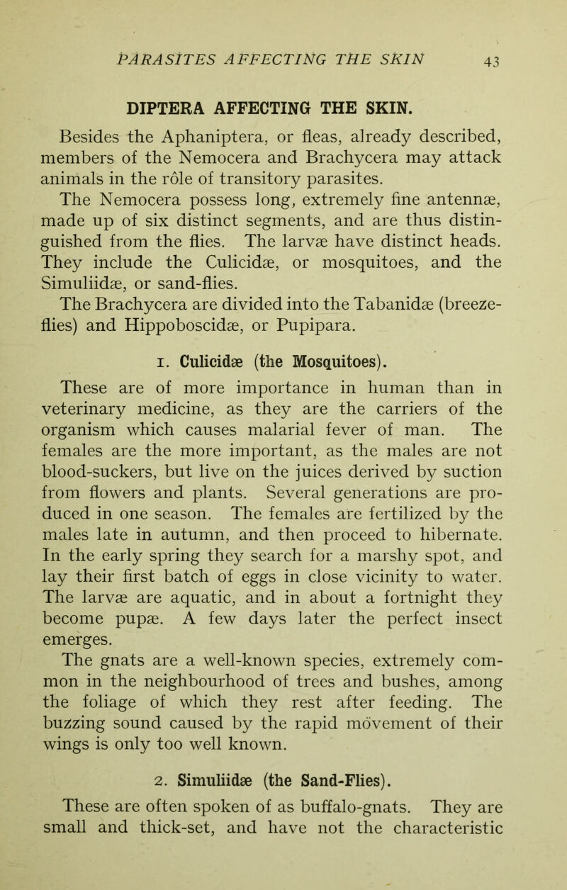 DIPTERA AFFECTING THE SKIN. Besides the Aphaniptera, or fleas, already described, members of the Nemocera and Brachycera may attack animals in the role of transitory parasites. The Nemocera possess long, extremely fine antennae, made up of six distinct segments, and are thus distin- guished from the flies. The larvae have distinct heads. They include the Culicidae, or mosquitoes, and the Simuliidae, or sand-flies. The Brachycera are divided into the Tabanidae (breeze- flies) and Hippoboscidae, or Pupipara. 1. Culicidae (the Mosquitoes). These are of more importance in human than in veterinary medicine, as they are the carriers of the organism which causes malarial fever of man. The females are the more important, as the males are not blood-suckers, but live on the juices derived by suction from flowers and plants. Several generations are pro- duced in one season. The females are fertilized by the males late in autumn, and then proceed to hibernate. In the early spring they search for a marshy spot, and lay their first batch of eggs in close vicinity to water. The larvae are aquatic, and in about a fortnight they become pupae. A few days later the perfect insect emerges. The gnats are a well-known species, extremely com- mon in the neighbourhood of trees and bushes, among the foliage of which they rest after feeding. The buzzing sound caused by the rapid movement of their wings is only too well known. 2. Simuliidae (the Sand-Flies). These are often spoken of as buffalo-gnats. They are small and thick-set, and have not the characteristic