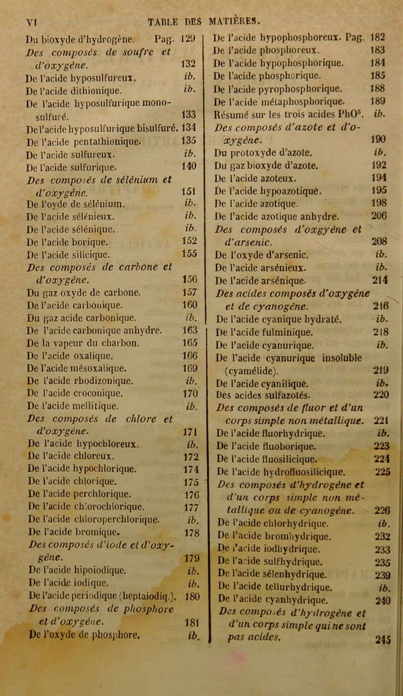 Du bioxyde d’hydropène. Pag. Des composés de soufre et d’oxygène. De l’acide hyposiilfui’eux. De l’acide dilhionique. De l’acide hyposulfurique mono- sulfuré. De l’acide hyposulfurique bisulfuré. De l’acide pentalhiouique. De l’acide sulfureux. De l’acide sulfurique. Des composés de sélénium et d’oxygène. De l’oyde de sélénium. De l’acide sélénieux. De l’acide sélénique. De l’acide borique. De l’acide silicique. Des composés de carbone et d’oxygène. Du gaz oxyde de carbone. De l’acide carbonique. Du gaz acide carbonique. De l’acide carbonique anhydre. De la vapeur du charlwn. De l’acide oxalique. De l’acide mésoxalique. De l’acide rhodizonique. De l’acide croconique. De l’acide inellitique. Des composés de chlore et d’oxygène. De l’acide hypochloreux. De l’acide chloreux. De l’acide hypochlorique. De l’acide chlorique. De l’acide perchlorique. De l’acide ch’.orochlorique. De l’acide chloroperchlorique. De l’acide bromique. Des composés d’iode el d’oxy- gène. De l’acide hipoiodique. De l’acide iodique. De l’acide périodique (heplaiodiq.). Des composés de phosphore et d’oxygène. MATIÈRES. De l’acide hypophosphoreux. Pag. 182 De l’acide phosphoreux. 183 De l’acide hypophosphorique. 184 De l’acide phosphorique. 185 De l’acide pyrophosphorique. 188 De l’acide métaphosphorique. 189 Résumé sur les trois acides PhO®. ib. Des composés d’azote et d’o- xygène. 190 Du protoxyde d’azote. ib. Du gaz bioxyde d’azote. 192 De l’acide azoteux. 194 De l’acide hypoazotique. 195 De l’acide azotique. 198 De l’acide azotique anhydre. 206 Des composés d’oxgyène et d’arsenic. 208 De l’oxyde d’arsenic. ib. De l’acide arsénieux. ib. De l’acide arsénique- 214 Des acides composés d’oxygène et de cyanogène. 216 De l’acide cyanique hydraté. ib. De l’acide fulminique. 218 De l’acide cyanurique. ib. De l’acide cyanurique insoluble (cyamélide). 219 De l’acide cyanilique. ib. Des acides sulfazotés. 220 Des composés de fluor et d’un corps simple non métallique. 221 De l’acide fluorhydrique. ib. De l’acide fluoborique. 223 De l’acide fluosilicique. 224 De l’acide hydrofluosilicique. 225 Des composés d’hydrogène et d'un corps simple non mé- tallique ou de cyanogène. 226 De l’acide chlorhydrique. ib. De l’acide broraliydriquc. 232 De l’acide iodhydrique. 233 De l’acide sulfhydrique. 235 De l’acide sélenhydrique. 239 De l’acide tellurhydrique. ib. De l’acide cyanhydrique. 240 Des composés d’hydrogène et d’un corps simple qui ne sont pas acides. 245 129 132 ib. ib. 133 134 135 ib. 140 151 ib. ib. ib. 152 155 156 157 160 ib. 163 165 166 169 ib. 170 ib. 171 ib. 172 174 175 176 177 ib. 178 179 ib. ib. 180 181