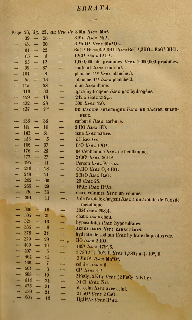 ERRA TA. Page 26, lig. - 39 - - ib. — - 64 - - 65 — - 95 - - 99 - - 104 - - ib. — - 115 - - 116 - ~ 129 - - 132 — - 137 - - 138 - - 141 — - 142 - - 153 — - 166 - - 176 - - 177 - - 195 - - 216 - - 248 - - 262 - - 266 - — ib. — — 291 - — 300 - — 305 - — 321 - — 335 - ~ 378 - — 379 — — 4C0 — — 407 - — 464 - — 466 - — 501 _ — 508 - — 514 - — 575 - ~ 589 _ — 605 - 22, au 28 30 22 5 12 37 8 13 28 33 18 28 lr« 38 14 31 5 37 25 27 11 28 21 30 29 36 11 16 21 13 6 34 29 16 5 15 7 3 10 24 31 24 14 lieu de 3Mn lisez Mn*. — 3 Mn lisez Mn®. — 3 MnO* lisez Mn®0*. — BoCI®,HOr-=Bo®,3HCl lisez BoCl®,3HO=BoO®,3HCI. — C*C1* lisez C<C1*. — 1,000,000 de grammes lisez 1,000,000 grammes. — conteint Usez contient. — planche T® Usez planche 3. — planche l planche 3. — d’un Usez d’une. — gaze hydrogène Usez gaz hydrogène. — 242,5 /wcz 212,5. — 300 Usez 450. — DE E’ACIDE SULFURIQUE UsCZ DE L’ACIDB SULFU- REUX. — carburé Usez carbure. — 2 HO Usez HO. — naie Usez naître. — bi lisez tri. — C‘^0 Usez C»0®. — ne s’enflamme Usez ne l’enflamme. — 2 CIC® lisez 2C10®. -- Person Usez Persoz. — O, HO Usez 0,4 HO. — 2 BaO Usez BaO. — 23 lisez 25. — H®Az Usez H*Az. — deux volumes lisez un volume. —. à de l’azoïate d’argent lisez à un azotate de l’oxyde métallique. — 2084 Usez 208,4. — chaux Usez chou. — hyposulfites lisez hyposulfates. — acrcatères Usez caractères. — hydrate de sodium Usez hydrate de protoxyde. — , HO lisez 2 HO. — 169* Usez 179°,5. -• 1,783 à -f- io°. 11 Usez 1,783; à -f 10°, il — 3MnO^ lisez yiii’O*, ~ celui-ci Usez il. — C1‘ Usez Cl*. — 2FeCy, 2KCy lisez (2FeCy, 2 KCy). — Ni CI lisez Nil. de celui Usez avec celui. — 2CuO* Usez 2CuO. —■ HglPAz Usez H*Az.