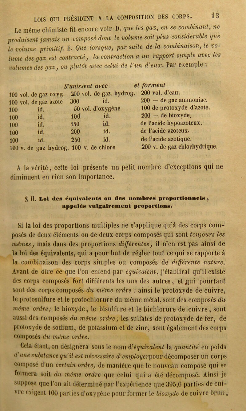 Le même chimiste fit encore voir D. que les gaz^ en se combinant, ne produisent jamais un composé dont le volume soit plus considérable que le volume primitif. E. Que lorsque, par suite de la combinaison, le vo- lume des gaz est contracté, la contraction a un rapport simple avec les volumes des gaz, ou plutôt avec celui de l’un d’eux. Par exemple : S’unissent avec et forment 100 vol. de gaz oxyg. 200 vol. de gaz. hydrog. 200 vol. d’eau. 100 vol. de gaz azote 300 id. 200 — de gaz ammoniac. 100 id. 50 vol. d’oxygène 100 de protoxyde d’azote, 100 id. 100 id. 200 — de bioxyde. 100 id. 150 id. de l’acide hypoazoteux. 100 id. 200 id. de l’acide azoteux. 100 id. 250 id. de l’acide azotique. 100 Y. de gaz hydrog. 100 v. de chlore 200 v. de gaz chlorhydrique. A la vérité, cette loi présente im petit nombre d’exceptions qui ne diminuent en rien son importance. S II. Loi des équivalents ou des nombres proportionnels ^ appelés vulgairement proportions. Si la loi des proportions multiples ne s’applique qu’à des corps com- posés de deux éléments ou de deux corps composés qui sont toujours les mêmes, mais dans des proportions différentes, il n’en est pas ainsi de la loi des équivalents, qui a pour but de régler tout ce qui se rapporte à la combinaison des corps simples ou composés de différente nature. Avant de dire ce que l’on entend par équivalent, féidibWrdX qu’il existe des corps composés fort différents les uns des autres, etf(ui pourtant sont des corps composés du même ordre : ainsi le protoxyde de cuivre, le protosulfure et le protochlorure du même métal, sont des composés dw même ordre; le bioxyde, le bisulfure et le bichlorure de cuivre, sont aussi des composés du même ordre ; les sulfates de protoxyde de fer, de protoxyde de sodium, de potassium et de zinc, sont également des corps composés dw même ordre. Cela étant, on désignera sous le nom d'équivalent la quantité en poids d’une substance qu’il est nécessaire d’employerpom' décomposer un corps composé d’un certain ordre, de manière que le nouveau composé qui se formera soit du même ordre que celui qui a été décomposé. Ainsi je suppose que l’on ail déterminé par l'expérience (jiie 395,6 parties de cui- vre exigent lOü parlies d’oxygène pour former le bioxyde de cuivre brun,