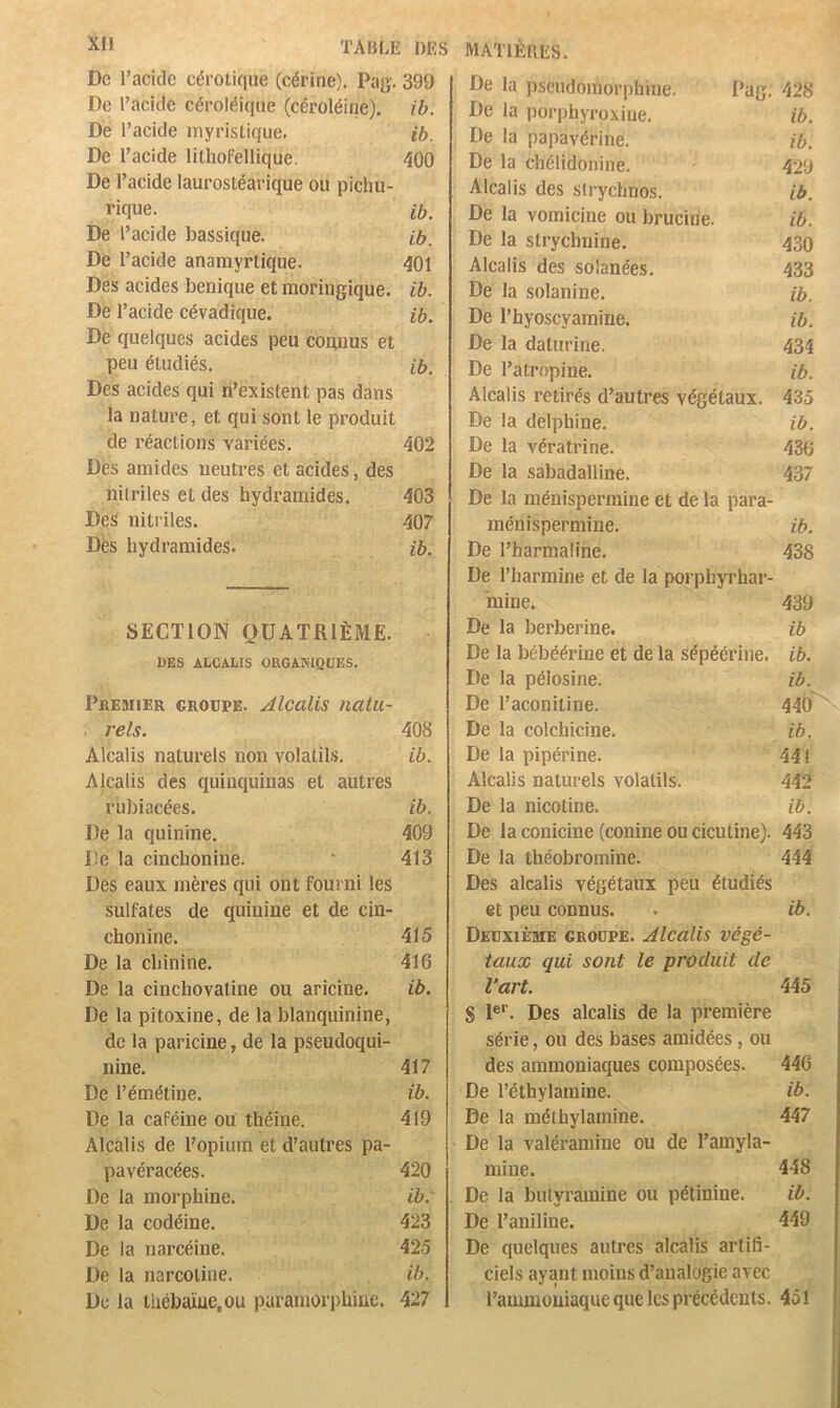 De raciclc cérotiqiie (cérine), Pag. 399 De l’acide céroléiqiie (céroléine). ib. De l’acide myristique. ib. De l’acide lithofellique. 400 De l’acide laurostéarique ou pichu- rique. ib. De l’acide bassique. ib. De l’acide anamyrtique. 401 Des acides benique et raoringique. ib. De l’acide cévadique. ib. De quelques acides peu connus et peu étudiés. ib. Des acides qui n’existent pas dans la nature, et qui sont le produit de réactions variées. 402 Des amides neutres et acides, des nitriles et des hydrainides. 403 Des nitriles. 407 Des hydramides. ib. SECTION QUATRIÈME. DES ALCALIS ORGANIQUES. Pkemier croupe. Alcalis naiu- . rels. 408 Alcalis naturels non volatils. ib. Alcalis des quinquinas et autres rubiacées. ib. De la quinine. 409 De la cinchonine. ‘ 413 Des eaux mères qui ont fourni les sulfates de quinine et de cin- chonine. 415 De la cliinine. 416 De la cinchovatine ou aricine. ib. De la pitoxine, de la blanquinine, de la paricine, de la pseudoqui- nine. 417 De l’émétine. ib. De la caféine ou théine. 419 Alcalis de l’opium et d’autres pa- pa véracées. 420 De la morphine. ib.' De la codéine. 423 De la narcéine. 425 De la narcoline. ib. De la thébaïue.ou p.uramorphine. 427 De la pseudomorphine. Pag. 428 De la porphyroxine. ib. De la papavérine. ib. De la chélidoiiine. 429 Alcalis des strychnos. ib. De la vomicine ou bruciiie. ib. De la strychnine. 430 Alcalis des solanées. 433 De la solanine. ib. De l’hyoscyamine. ib. De la daturine. 434 De l’atropine. ib. Alcalis retirés d’autres végétaux. 435 De la delphine. ib. De la vératrine. 436 De la sabadalline. 437 De la ménispermine et de la para- raénispermine. ib. De l’harmaline. 438 De l’harmine et de la porphyrhar- mine. 439 De la berberine. ib De la bébéérine et de la sépéérine. ib. De la pélosine. ib. De l’aconitine. 440 De la colchicine. ib. De la pipérine. 441 Alcalis naturels volatils. 442 De la nicotine. ib. De la conicine (conine ou cicutine). 443 De la théobromine. 444 Des alcalis végétaux peu étudiés et peu connus. . ib. Deuxième croupe. Alcalis végé- taux qui sont le produit de Vart. 445 S 1®'’. Des alcalis de la première série, ou des bases amidées, ou des ammoniaques composées. 446 De l’éthylamine. ib. De la méthylamine. 447 De la valéramine ou de l’amyla- mine. 448 De la bulyramine ou pétinine. ib. De l’aniline. 449 De quelques autres alcalis artifi- ciels ayant moins d’analogie avec l’ammoniaque que les précédents. 451