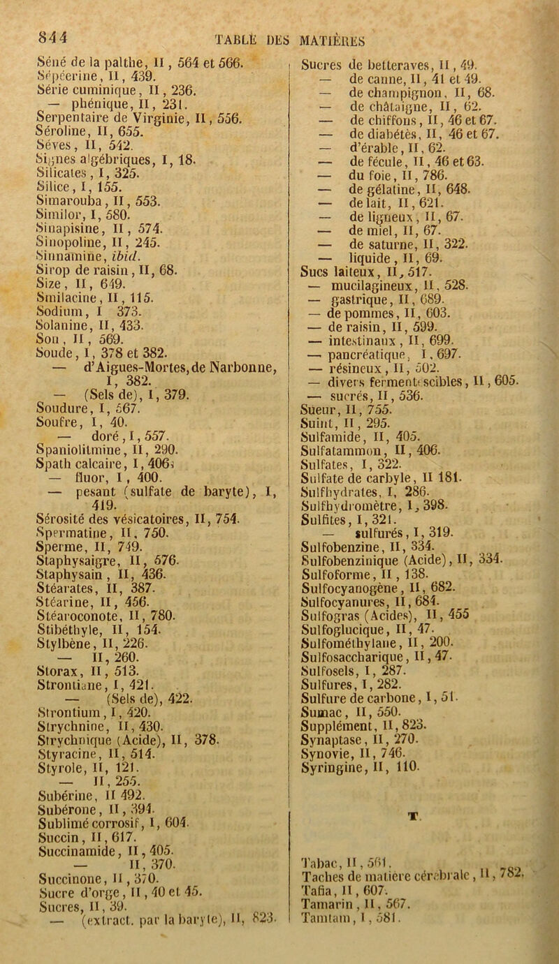 Séné de la palthe, II, 564 et 566. Sépéerine, Il, 439. Série cuminique, II, 236. — phénique, II, 231. Serpentaire de Virginie, II, 556. Séroline, II, 655. Sèves, II, 542. Signes algébriques, I, 18. Silicates, I, 325. Silice, I, 155. Simarouba, II, 553. Siinilor, I, 580. Sinapisine, II, 574. Sinopoline, II, 245. Sinnainine, ibid. Sirop de raisin, II, 68. Size, II, 649. Sinilacine, II, 115. Sodium, I 373. Solanine, II, 433. Son, II, 569. Soude, 1, 378 et 382. — d’Aigues-Mortes,de Narbonne, I, 382. — (Sels de), 1, 379. Soudure, I, 567. Soufre, I, 40. — doré , 1,557. Spaniolitmine, II, 200. Spath calcaire, I, 406^ — fluor, 1, 400. — pesant tsulfate de baryte), I, 419. Sérosité des vésicatoires, II, 754. Spprmatine, II, 750. Sperme, II, 749. Staphysaigre, II, 676. Staphysain, II, 436. Stéarates, II, 387. Stéarine, II, 456. Stéaroconote, II, 780. Stibéthyle, II, 154. Stylbène, II, 226. — 11, 260. Slorax, II, 513. Stronliune, I, 421. — (Sels de), 422. Sirontium, 1, 420. Strychnine, 11, 430. Strychnique (Acide), II, 378. Styracine, II, 514. Styrole, II, 121. — 11,255. Stibérine, II 492. Subérone, H, 394- Sublimé corrosif, I, 604. Succin, II, 617. Succinamide, II, 405. — 11,370. Succinone, II, 370. Sucre d’orge, II, 40 et 45. Sucres, U, 39. — (extracf. par la baryte), II, 823- I Sucres de betteraves, il, 49. — de canne, Il, 41 et 49. — de champignon, II, 68. — de châtaigne, II, 62. — de chiffons, H, 46 et 67. — de diabétè.s, II, 46 et 67. — d’érable, II, 62. — de fécule, II, 46 et63. — du foie, II, 786. — de gélatine, II, 648. — de lait, II, 621. — de ligneux, II, 67. — de miel, II, 67. — de Saturne, II, 322. — liquide , II, 69. Sucs laiteux, 11,517. — mucilagineux, U, 528. — gastrique, II, G89. — de pommes, II, 603. — de raisin, II, 599. — inte.stinanx , II, 699. —■ pancréatique, 1,697. — résineux, II, 502. — divers fermentescibles, II, 605. — sucrés, II, 536. Sueur, II, 755. Suint, II, 295. Sulfamide, II, 405. Sulfatammon, II, 406. Sulfates, I, 322. Sulfate de carbyle, II181. Suif hydrates, I, 286. Sulfhydiomètre, 1,398. Sulfites, I, 321. — sulfurés, I, 319. Sulfobenzine, II, 334. Sulfobenzinique (Acide), II, 334. Sulfoforme, II, 138. ^ Sulfocyanogène, H, 682. Sulfocyanures, 11,684. Sulfogras (Acide.s), 11,455 Sulfoglucique, II, 47. Sulfométhylane, II, 200. Sulfosaccharique, II, 47. Sulfosels, I, 287. i Sulfures, 1,282. ' Sulfure de carbone ,1,51. I Sumac, II, 550. I Supplément, U,823. Synaptase, II, 270. Synovie, II, 746. Syringine, II, 110. T Tabac, H , 561. Taches de matière cérébrale, ••, 782, Tafia, 11,607. Tamarin , H, 567. I Tamtam, 1,581.