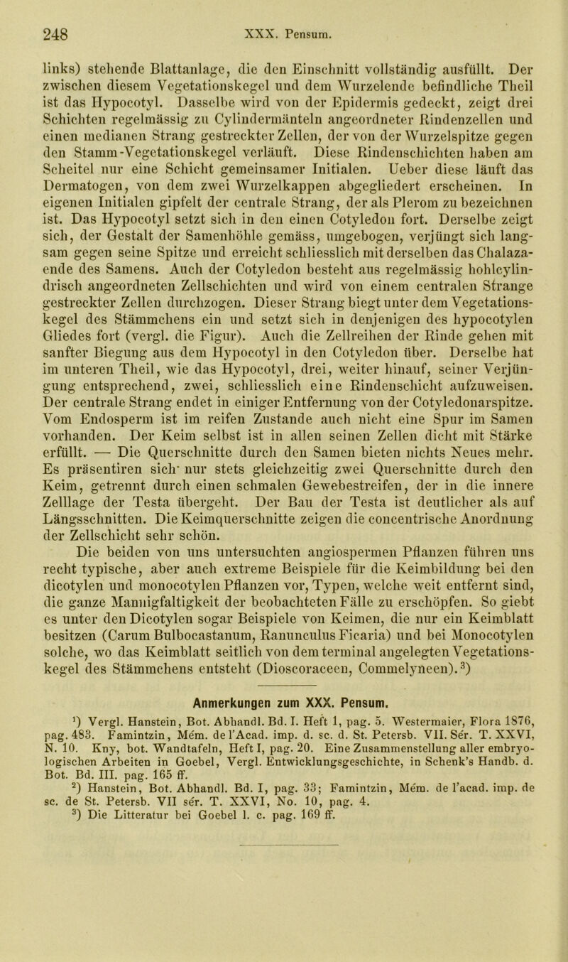 links) stehende Blattanlage, die den Einschnitt vollständig ausfüllt. Der zwischen diesem Vegetationskegel und dem Wurzelende befindliche Theil ist das Hypocotyl. Dasselbe wird von der Epidermis gedeckt, zeigt drei Schichten regelmässig zu Cylindermänteln angeordneter Rindenzellen und einen medianen Strang gestreckter Zellen, der von der Wurzelspitze gegen den Stamm-Vegetationskegel verläuft. Diese Rindenschichten haben am Scheitel nur eine Schicht gemeinsamer Initialen. Ueber diese läuft das Dermatogen, von dem zwei Wurzelkappen abgegliedert erscheinen. In eigenen Initialen gipfelt der centrale Strang, deralsPlerom zu bezeichnen ist. Das Hypocotyl setzt sich in den einen Cotyledon fort. Derselbe zeigt sich, der Gestalt der Samenhöhle gemäss, umgebogen, verjüngt sich lang- sam gegen seine Spitze und erreicht schliesslich mit derselben dasChalaza- ende des Samens. Auch der Cotyledon besteht aus regelmässig hohlcylin- drisch angeordneten Zellschichten und wird von einem centralen Strange gestreckter Zellen durchzogen. Dieser Strang biegt unter dem Vegetations- kegel des Stämmchens ein und setzt sich in denjenigen des hypocotylen Gliedes fort (vergl. die Figur). Auch die Zellreihen der Rinde gehen mit sanfter Biegung aus dem Hypocotyl in den Cotyledon über. Derselbe hat im unteren Theil, wie das Hypocotyl, drei, weiter hinauf, seiner Verjün- gung entsprechend, zwei, schliesslich eine Rindenschicht aufzuweisen. Der centrale Strang endet in einiger Entfernung von der Cotyledonarspitze. Vom Endosperm ist im reifen Zustande auch nicht eine Spur im Samen vorhanden. Der Keim selbst ist in allen seinen Zellen dicht mit Stärke erfüllt. — Die Querschnitte durch den Samen bieten nichts Neues mehr. Es präsentiren sich* nur stets gleichzeitig zwei Querschnitte durch den Keim, getrennt durch einen schmalen Gewebestreifen, der in die innere Zelllage der Testa übergeht. Der Bau der Testa ist deutlicher als auf Längsschnitten. Die Keimquerschnitte zeigen die concentrische Anordnung der Zellschicht sehr schön. Die beiden von uns untersuchten angiospermen Pflanzen führen uns recht typische, aber auch extreme Beispiele für die Keimbildung bei den dicotylen und monocotylen Pflanzen vor, Typen, welche weit entfernt sind, die ganze Mannigfaltigkeit der beobachteten Fälle zu erschöpfen. So giebt es unter den Dicotylen sogar Beispiele von Keimen, die nur ein Keimblatt besitzen (Carum Bulbocastanum, Ranunculus Ficaria) und bei Monocotylen solche, wo das Keimblatt seitlich von dem terminal angelegten Vegetations- kegel des Stämmchens entsteht (Dioscoraceen, Commelyneen).^) Anmerkungen zum XXX. Pensum. ’) Vergl. Hanstein, Bot, Abhandl.Bd. I. Heft 1, pag. 5. Westermaier, Flora 1876, pag.483, Famintzin, Mem. del’Acad. imp. d. sc. A St. Petersb. VII. Se'r. T. XXVI, N. 10. Kny, bot. Wandtafeln, Heft I, pag. 20, Eine Zusammenstellung aller embryo- logischen Arbeiten in Goebel, Vergl, Entwicklungsgeschichte, in Schenk’s Handb, d. Bot. Bd. HI. pag. 165 ff, ^) Hanstein, Bot. Abhandl. Bd. I, pag. 33; Famintzin, Mem. de l’acad. imp. de sc. de St. Petersb. VII ser. T. XXVI, No. 10, pag. 4. Die Litteratur bei Goebel 1. c. pag. 169 ff.