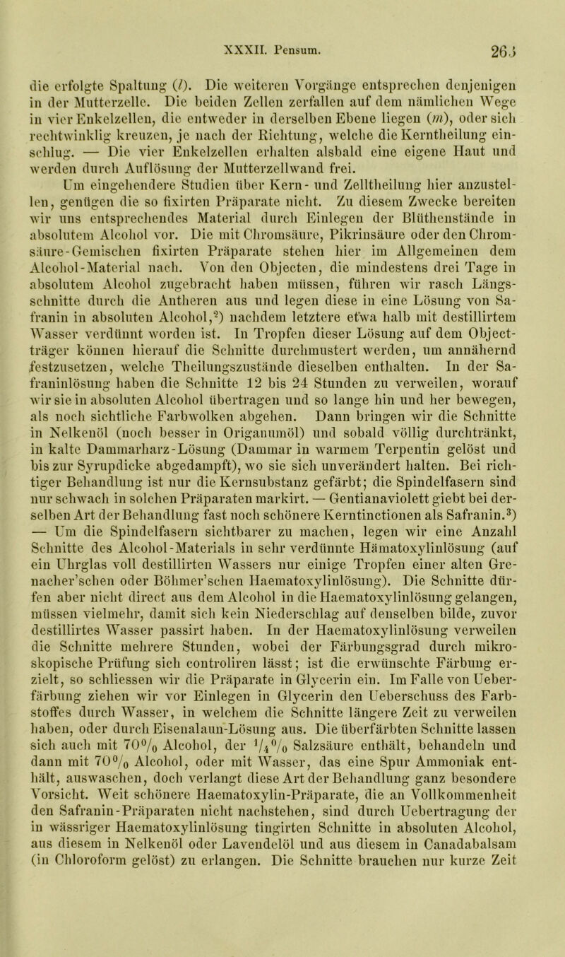 die erfolgte Spaltung (/). Die weiteren Vorgänge entsprechen denjenigen in der Mutterzelle. Die beiden Zellen zerfallen auf dem nämlichen Wege in vier Enkelzellen, die entweder in derselben Ebene liegen (w)? oder sich rechtwinklig kreuzen, je nach der Richtung, welche die Kerntheilung ein- schlug. — Die vier Enkelzellen erhalten alsbald eine eigene Haut und werden durch Auflösung der Mutterzellwand frei. Um eingehendere Studien über Kern - und Zelltheilung hier anzustel- len, genügen die so fixirten Präparate nicht. Zu diesem Zwecke bereiten wir uns entsprecliendes Material durch Einlegen der Blüthenstände in absolutem Alcohol vor. Die mit Cliromsäure, Pikrinsäure oder den Chrom- säure-Gemischen fixirten Präparate stehen liier im Allgemeinen dem Alcohol-Material nach. Von den Objecten, die mindestens drei Tage in absolutem Alcohol zugebracht liaben müssen, führen wir rasch Längs- schnitte durch die Antheren aus und legen diese in eine Lösung von Sa- franin in absoluten Alcohol,^) nachdem letztere etwa halb mit destillirtem Wasser verdünnt worden ist. In Tropfen dieser Lösung auf dem Object- träger können hierauf die Schnitte durchmustert werden, um annähernd festzusetzen, welche Theilungszustände dieselben enthalten. In der Sa- franinlösung haben die Schnitte 12 bis 24 Stunden zu verweilen, worauf wir sie in absoluten Alcohol übertragen und so lange hin und her bewegen, als noch sichtliche Färb wölken abgehen. Dann bringen wir die Schnitte in Nelkenöl (noch besser in Origanumöl) und sobald völlig durchtränkt, in kalte Dammarharz-Lösung (Dammar in warmem Terpentin gelöst und bis zur Sjn'updicke abgedampft), wo sie sich unverändert halten. Bei rich- tiger Behandlung ist nur die Kernsiibstanz gefärbt; die Spindelfasern sind nur schwach in solchen Präparaten markirt. — Gentianaviolett giebt bei der- selben Art der Behandlung fast noch schönere Kerntinctionen als Safranin.^) — Um die Spindelfasern sichtbarer zu machen, legen wir eine Anzahl Schnitte des Alcohol-Materials in sehr verdünnte Hämatoxylinlösung (auf ein Uhrglas voll destillirten Wassers nur einige Tropfen einer alten Gre- nacher’schen oder Böhmer’schen Haematoxylinlösung). Die Schnitte dür- fen aber nicht direct aus dem Alcohol in die Haematoxylinlösung gelangen, müssen vielmehr, damit sich kein Niederschlag auf denselben bilde, zuvor destillirtes Wasser passirt haben. In der Haematoxylinlösung verweilen die Schnitte mehrere Stunden, wobei der Färbungsgrad durch mikro- skopische Prüfung sich controliren lässt; ist die erwünschte Färbung er- zielt, so schliessen wir die Präparate in Glycerin ein. Im Falle von Ueber- färbung ziehen wir vor Einlegen in Glycerin den Ueberschuss des Farb- stoffes durch Wasser, in welchem die Schnitte längere Zeit zu verweilen liaben, oder durch Eisenalaun-Lösung aus. Die überfärbten Schnitte lassen sich auch mit 70Vo Alcohol, der V4V0 Salzsäure enthält, behandeln und dann mit 70®/o Alcohol, oder mit Wasser, das eine Spur Ammoniak ent- hält, auswaschen, doch verlangt diese Art der Behandlung ganz besondere Vorsicht. Weit schönere Haematoxylin-Präparate, die an Vollkommenheit den Safranin-Präparaten nicht nachstehen, sind durch Uebertragung der in wässriger Haematoxylinlösung tingirten Schnitte in absoluten Alcohol, aus diesem in Nelkenöl oder Lavendelöl und aus diesem in Canadabalsam (in Chloroform gelöst) zu erlangen. Die Schnitte brauchen nur kurze Zeit