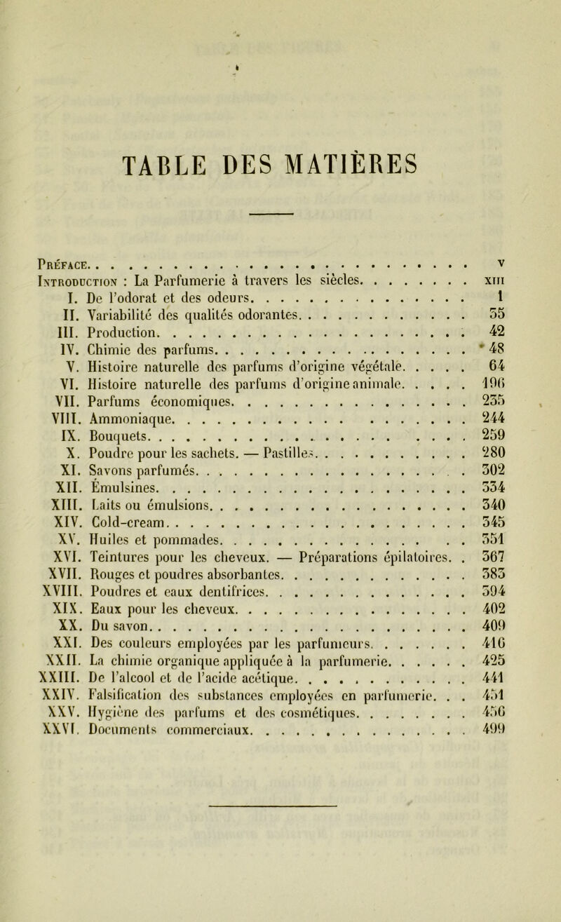 TABLE DES MATIÈRES Préface Introduction : La Parfumerie à travers les siècles I. De l’odorat et des odeurs II. Variabilité des qualités odorantes III. Production IV. Chimie des parfums V. Histoire naturelle des parfums d’origine végétale VI. Histoire naturelle des parfums d'origine animale VII. Parfums économiques VIII. Ammoniaque IX. Bouquets X. Poudre pour les sachets. — Pastilles XI. Savons parfumés . XII. Émulsines XIII. Laits ou émulsions XIV. Cold-cream XV. Huiles et pommades XVI. Teintures pour les cheveux. — Préparations épilatoires. . XVII. Rouges et poudres absorbantes XVIII. Poudres et eaux dentifrices XIX. Eaux pour les cheveux XX. Du savon XXI. Des couleurs employées par les parfumeurs XXII. La chimie organique appliquée à la parfumerie XXIII. De l’alcool et de l’acide acétique XXIV. Falsification des substances employées en parfumerie. . . XXV. Hygiène des parfums et des cosmétiques XXVI. Documents commerciaux XTII 1 55 42 - 48 64 106 235 244 259 280 302 534 540 545 551 567 383 594 402 400 416 425 441 451 456 409