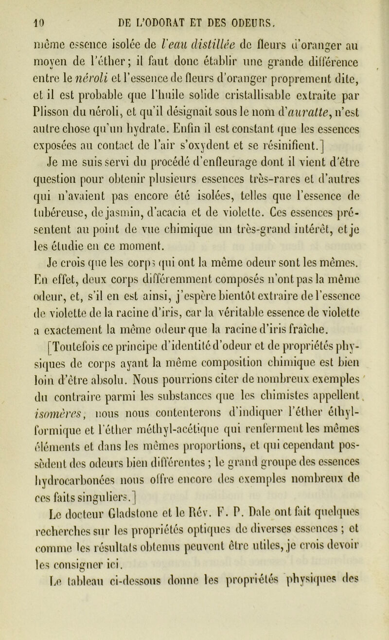 môme essence isolée de l'eau distillée de fleurs d’oranger au moyen de l’éther ; il faut donc établir une grande différence entre le néroli et l’essence de fleurs d’oranger proprement dite, et il est probable que l'huile solide cristallisable extraite par Plisson du néroli, et qu’il désignait sous le nom d'auratte, n’est autre chose qu’un hydrate. Enfin il est constant que les essences exposées au contact de l’air s’oxydent et se résinifient.] Je me suis servi du procédé d’enfleurage dont il vient d être question pour obtenir plusieurs essences très-rares et d’autres qui n’avaient pas encore été isolées, telles que l’essence de tubéreuse, de jasmin, d’acacia et de violette. Ces essences pré- sentent au point de vue chimique un très-grand intérêt, et je les étudie en ce moment. Je crois que les corp3 (pii ont la même odeur sont les mêmes. En effet, deux corps différemment composés n’ont pas la même odeur, et, s’il en est ainsi, j’espère bientôt extraire de l’essence de violette de la racine d’iris, car la véritable essence de violette a exactement la même odeur que la racine d’iris fraîche. [Toutefois ce principe d’identité d’odeur et de propriétés phy- siques de corps ayant la même composition chimique est bien loin d’être absolu. Nous pourrions citer de nombreux exemples du contraire parmi les substances que les chimistes appellent. isomères, nous nous contenterons d'indiquer l’éther élhyl- formique et l’éther méthyl-acétique qui renferment les mêmes éléments et dans les mêmes proportions, et qui cependant pos- sèdent des odeurs bien différentes ; le grand groupe des essences hydrocarbonées nous offre encore îles exemples nombreux de ces faits singuliers.] Le docteur Gladstone et le Rév. F. P. Pale ont fait quelques recherches sur les propriétés optiques de diverses essences ; et comme les résultats obtenus peuvent être utiles, je crois devoir les consigner ici. Ee tableau ci-dessous donne les propriétés physiques des