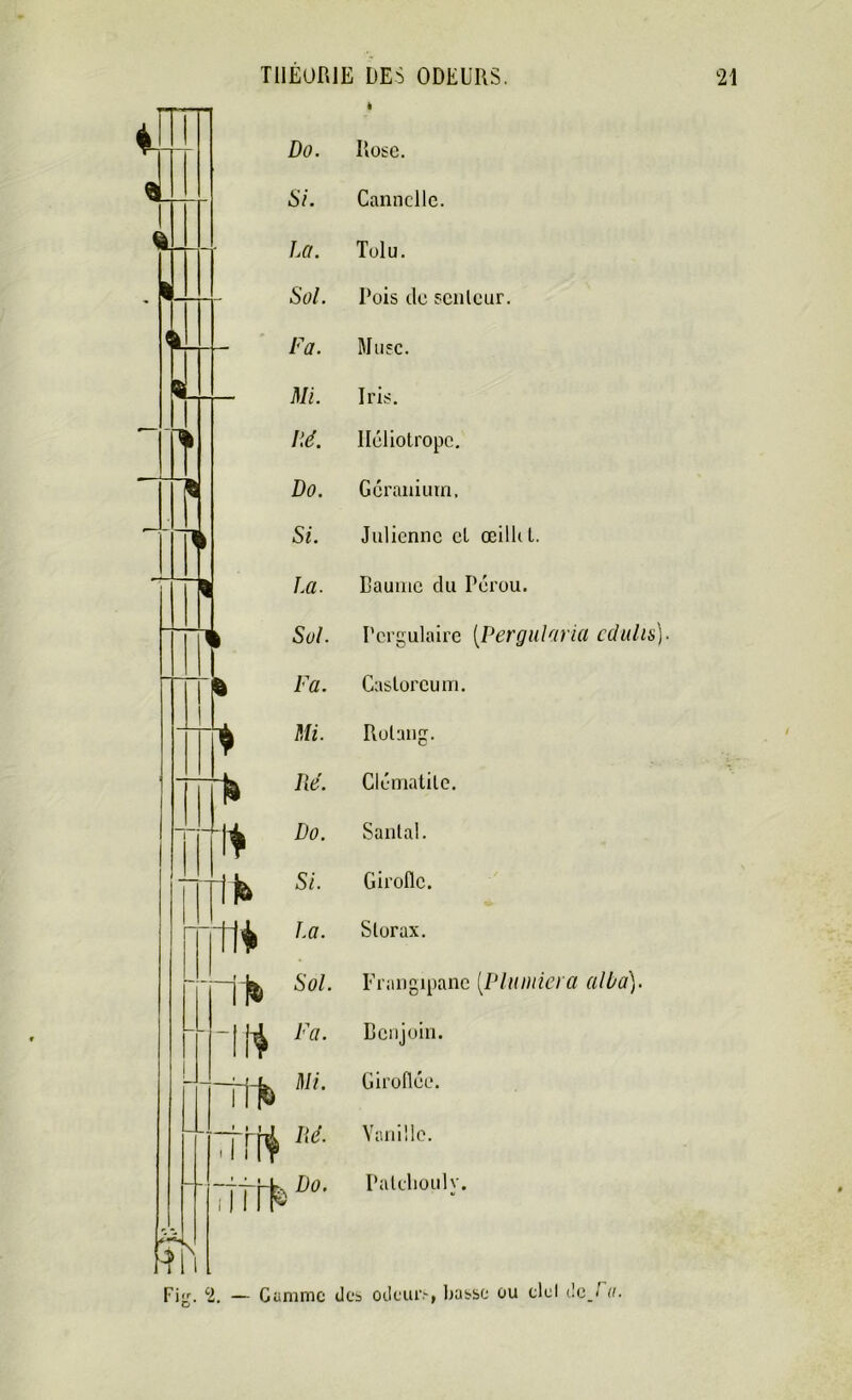 Ts Do. Rose. - Si. Cannelle. La. Toi u. -- Sol. Pois tle scnlcur. Fa. Musc. Mi. Iris. lié. Héliotrope. Do. Géranium. > Si. Julienne et œilli t. « La. Raume du Pérou. l Sol. Pergulaire [Per gui aria cdulis) § Fa. Caslorcum. Mi. Rotang. r ■p Ré. Clématite. U Do. Santal. FTlIfc Si. Girolle. “fl* La. Storax. Sol. Frangipane [Plumiera alba). H14 Fa. Benjoin. Mi. Giroflée. Ré. Vanille. ' Ttf rH yDo- Palcliouly. , c2. — Gamme des odeur.-, basse ou ciel de.-' a.