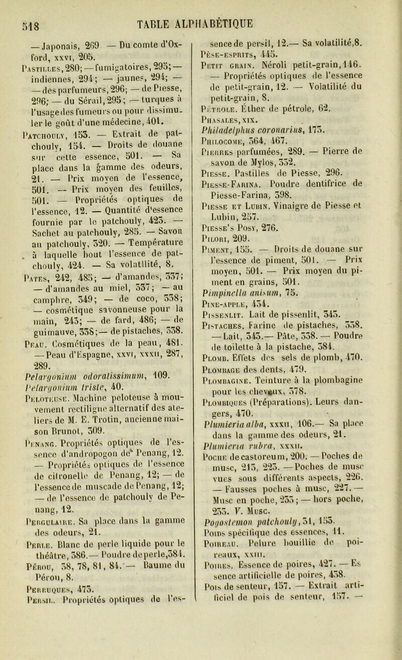 — Japonais, 209 — Du comte d’Ox- ford, xxvi, 205. Pastilles, 280; — fumigatoires, 295; indiennes, 294; — jaunes, 294; — des parfumeurs, 296; — de Piesse, 296; — du Sérail,295; — turques à l’usage des fumeurs ou pour dissimu- ler le goût d’une médecine, 401. Pàtchouly, 153. — Extrait de pal- choulv, 154. — Droits de douane sur cette essence, 501. — Sa place dans la gamme des odeurs, 21. — Prix moyen de l’essence, 501 — Prix moyen des feuilles, 501. — Propriétés optiques de l’essence, 12. — Quantité d'essence fournie par le pàtchouly, 425. Sachet au pàtchouly, 285. — Savon au pàtchouly, 320. — Température à laquelle bout l’essence de pat- chouly, 424. — Sa volatilité, 8. Pâtes, 242 , 485; — d’amandes, 337; — d’amandes au miel, 537; —au camphre, 349; — de coco, 538; — cosmétique savonneuse pour la main, 243; — de fard, 486; — de guimauve, 338;— de pistaches, 538. Peau. Cosmétiques de la peau, 481. — Peau d’Espagne, xxvi, xxxu, 287, 289. Pélargonium odoratissimum, 109. Pélargonium triste, 40. Pki.oteuse. Machine pcloteuse à mou- vement rectiligne alternatif des ate- liers de M. E. Trotin, ancienne mai- son Drunot, 309. Penang. Propriétés optiques de l’es- sence d’andropogon de* Penang, 12. — Propriétés optiques de l’essence de cil rouelle de Penang, 12; — de l’essence de muscade de Penang, 12; — de l’essence de pàtchouly de Pe- nang, 12. Pergulaire. Sa place dans la gamme des odeurs, 21. Perle. Blanc de perle liquide pour le théâtre, 586.— Poudre deperle,o84. Pérou, 58, 78, 81, 84. — Baume du Pérou, 8. Perruques, 475. Persil. Propriétés optiques de l’es- sence de persil, 12.— Sa volatilité,8. Pèse-esprits, 445. Petit grain. Néroli petit-grain, 146. — Propriétés optiques de l’essence de petit-grain, 12. — Volatilité du petit-grain, 8. Pétrole. Éther de pétrole, 62. Phasales, xix. Philadelphus coronarius, 175. Pu i i.oco me, 564, 467. Pierres parfumées, 289. — Pierre de savon de Mylos, 552. Piesse. Pastilles de Piesse, 296. Piesse-Farina. Poudre dentifrice de Piesse-Farina, 598. Piesse et Lubin. Vinaigre de Piesse et Lubin, 257. Piesse’s Posy, 276. Pilori, 209. Piment, 155. — Droits de douane sur l’essence de piment, 501. — Prix moyen, 501. — Prix moyen du pi- ment en grains, 501. Pimpinella anisum, 75. Pine-apple, 454. Pissenlit. Lait de pissenlit, 343. Pistaches. Farine de pistaches, 558. — Lait, 545.— Pâte, 558.— Poudre de toilette à la pistache, 584. Plomb. Effets des sels de plomb, 470. Plombage des dents, 479. Plombagine. Teinture à la plombagine pour les chevaux, 378. Plombiques (Préparations). Leurs dan- gers, 470. Plumieriaalba, xxxu, 106.— Sa place dans la gamme des odeurs, 21. Plumieria rubra, xxxu. PocnE decastoreum, 200. — Poches de musc, 215, 223.—Poches de musc vues sous différents aspects, 226. — Fausses poches à musc, 227.— Musc en poche, 255 ; — hors poche, 255. P. Musc. Pogostemon pàtchouly ,51,155. Poids spécifique des essences, 11. Poireau. Pelure bouillie de poi- reaux, XXIII. Poires. Essence de poires, 427. — Es sence artificielle de poires, 458. Pois de senteur, 157. — Extrait arti- ficiel de pois de senteur, 157. —