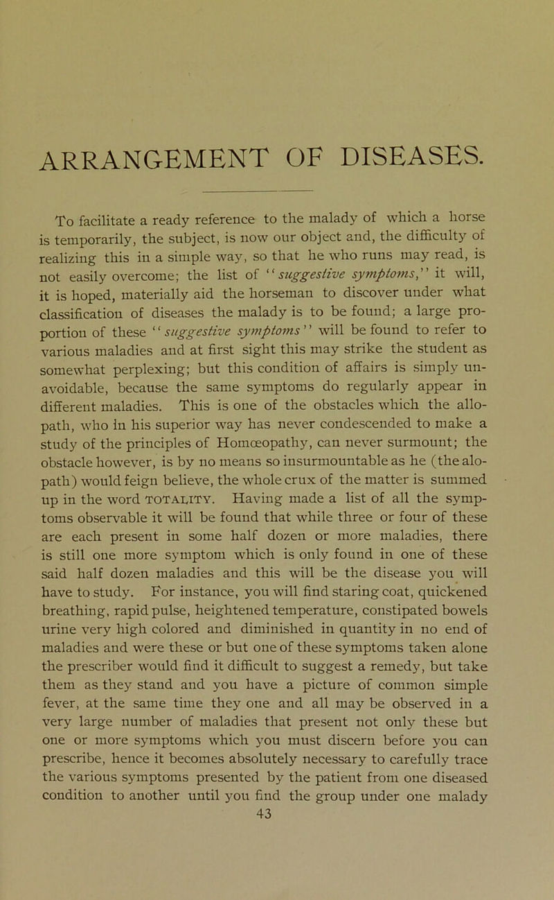 ARRANGEMENT OF DISEASES. To facilitate a ready reference to the malady of which a horse is temporarily, the subject, is now our object and, the difficulty of realizing this in a simple way, so that he who runs may read, is not easily overcome; the list of “ suggestive symptoms,” it will, it is hoped, materially aid the horseman to discover under what classification of diseases the malady is to be found; a large pro- portion of these “suggestive symptoms will be found to refer to various maladies and at first sight this may strike the student as somewhat perplexing; but this condition of affairs is simply un- avoidable, because the same symptoms do regularly appear in different maladies. This is one of the obstacles which the allo- path, who in his superior way has never condescended to make a study of the principles of Homoeopathy, can never surmount; the obstacle however, is by no means so insurmountable as he (the alo- patli) would feign believe, the whole crux of the matter is summed up in the word totality. Having made a list of all the symp- toms observable it will be found that while three or four of these are each present in some half dozen or more maladies, there is still one more symptom which is only found in one of these said half dozen maladies and this will be the disease you will have to study. For instance, you will find staring coat, quickened breathing, rapid pulse, heightened temperature, constipated bowels urine very high colored and diminished in quantity in no end of maladies and were these or but one of these symptoms taken alone the prescriber would find it difficult to suggest a remedy, but take them as they stand and you have a picture of common simple fever, at the same time they one and all may be observed in a very large number of maladies that present not only these but one or more symptoms which you must discern before you can prescribe, hence it becomes absolutely necessary to carefully trace the various symptoms presented by the patient from one diseased condition to another until you find the group under one malady