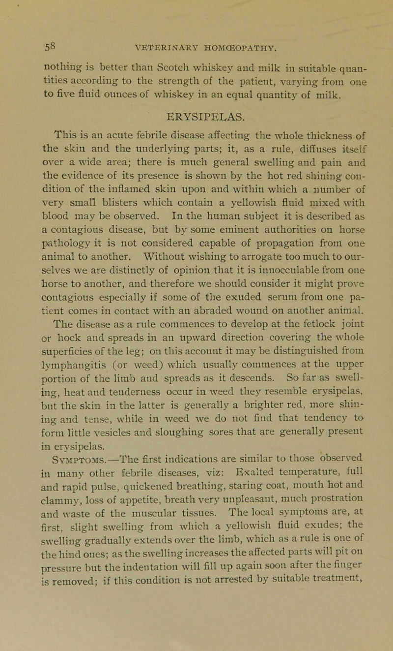 nothing is better than Scotch whiskey and milk in suitable quan- tities according to the strength of the patient, varying from one to five fluid ounces of whiskey in an equal quantity of milk. ERYSIPELAS. This is an acute febrile disease affecting the whole thickness of the skin and the underlying parts; it, as a rule, diffuses itself over a wide area; there is much general swelling and pain and the evidence of its presence is shown by the hot red shining con- dition of the inflamed skin upon and within which a number of very small blisters which contain a yellowish fluid mixed with blood may be observed. In the human subject it is described as a contagious disease, but by some eminent authorities on horse pathology it is not considered capable of propagation from one animal to another. Without wishing to arrogate too much to our- selves we are distinctly of opinion that it is innocculable from one horse to another, and therefore we should consider it might prove contagious especially if some of the exuded serum from one pa- tient comes in contact with an abraded wound on another animal. The disease as a rule commences to develop at the fetlock joint or hock and spreads in an upward direction covering the whole superficies of the leg; on this account it may be distinguished from lymphangitis (or weed) which usually commences at the upper portion of the limb and spreads as it descends. So far as swell- ing, heat and tenderness occur in weed they resemble erj^sipelas, but the skin in the latter is generally a brighter red, more shin- ing and tense, while in weed we do not find that tendency to form little vesicles and sloughing sores that are generally present in erysipelas. Symptoms.—The first indications are similar to those observed in many other febrile diseases, viz: Exalted temperature, full and rapid pulse, quickened breathing, staring coat, mouth hot and clammy, loss of appetite, breath very unpleasant, much prostration and waste of the muscular tissues. The local symptoms are, at first, slight swelling from which a yellowish fluid exudes; the swelling gradually extends over the limb, which as a rule is one of the hind ones; as the swelling increases the affected parts will pit on pressure but the indentation will fill up again soon after the finger is removed; if this condition is not arrested by suitable treatment,