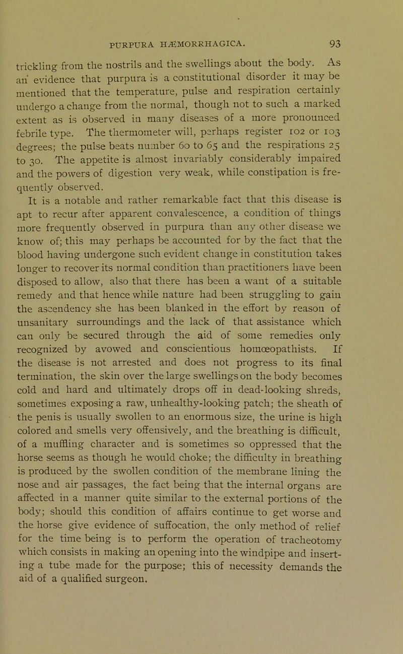 trickling from the nostrils and the swellings about the body. As an' evidence that purpura is a constitutional disorder it may be mentioned that the temperature, pulse and respiration certainly undergo a change from the normal, though not to such a marked extent as is observed in many diseases of a more pronounced febrile type. The thermometer will, perhaps register 102 or 103 degrees; the pulse beats number 60 to 65 and the respirations 25 to 30. The appetite is almost invariably considerably impaired and the powers of digestion very weak, while constipation is fre- quently observed. It is a notable and rather remarkable fact that this disease is apt to recur after apparent convalescence, a condition of things more frequently observed in purpura than any other disease we know of; this may perhaps be accounted for by the fact that the blood having undergone such evident change in constitution takes longer to recover its normal condition than practitioners have been disposed to allow, also that there has been a want of a suitable remedy and that hence while nature had been struggling to gain the ascendency she has been blanked in the effort by reason of unsanitary surroundings and the lack of that assistance which can only be secured through the aid of some remedies only recognized by avowed and conscientious homceopathists. If the disease is not arrested and does not progress to its final termination, the skin over the large swellings on the body becomes cold and hard and ultimately drops off in dead-looking shreds, sometimes exposing a raw, unhealthy-looking patch; the sheath of the penis is usually swollen to an enormous size, the urine is high colored and smells very offensively, and the breathing is difficult, of a muffling character and is sometimes so oppressed that the horse seems as though he would choke; the difficulty in breathing is produced by the swollen condition of the membrane lining the nose and air passages, the fact being that the internal organs are affected in a manner quite similar to the external portions of the body; should this condition of affairs continue to get worse and the horse give evidence of suffocation, the only method of relief for the time being is to perform the operation of tracheotomy which consists in making an opening into the windpipe and insert- ing a tube made for the purpose; this of necessity demands the aid of a qualified surgeon.