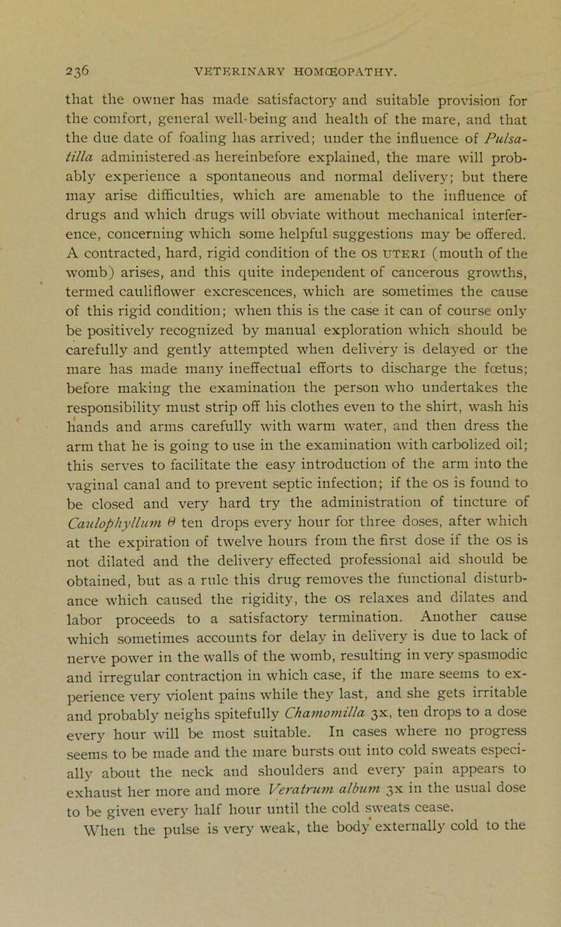 that the owner has made satisfactory and suitable provision for the comfort, general well-being and health of the mare, and that the due date of foaling has arrived; under the influence of Pulsa- tilla administered as hereinbefore explained, the mare will prob- ably experience a spontaneous and normal delivery; but there may arise difficulties, which are amenable to the influence of drugs and which drugs will obviate without mechanical interfer- ence, concerning which some helpful suggestions may be offered. A contracted, hard, rigid condition of the OS UTERI (mouth of the womb) arises, and this quite independent of cancerous growths, termed cauliflower excrescences, which are sometimes the cause of this rigid condition; when this is the case it can of course only be positively recognized by manual exploration which should be carefully and gently attempted when delivery is delayed or the mare has made many ineffectual efforts to discharge the foetus; before making the examination the person who undertakes the responsibility must strip off his clothes even to the shirt, wash his hands and arms carefully with warm water, and then dress the arm that he is going to use in the examination with carbolized oil; this serves to facilitate the easy introduction of the arm into the vaginal canal and to prevent septic infection; if the os is found to be closed and very hard try the administration of tincture of Caulophyllum 6 ten drops every hour for three doses, after which at the expiration of twelve hours from the first dose if the os is not dilated and the delivery effected professional aid should be obtained, but as a rule this drug removes the functional disturb- ance which caused the rigidity, the OS relaxes and dilates and labor proceeds to a satisfactory termination. Another cause which sometimes accounts for delay in delivery is due to lack of nerve power in the walls of the womb, resulting in very spasmodic and irregular contraction in which case, if the mare seems to ex- perience very violent pains while they last, and she gets irritable and probably neighs spitefully Chamornilla 3X, ten drops to a dose every hour will be most suitable. In cases where no progress seems to be made and the mare bursts out into cold sweats especi- ally about the neck and shoulders and every pain appears to exhaust her more and more Veratrum album 3X in the usual dose to be given every half hour until the cold sweats cease. When the pulse is very weak, the body externally cold to the