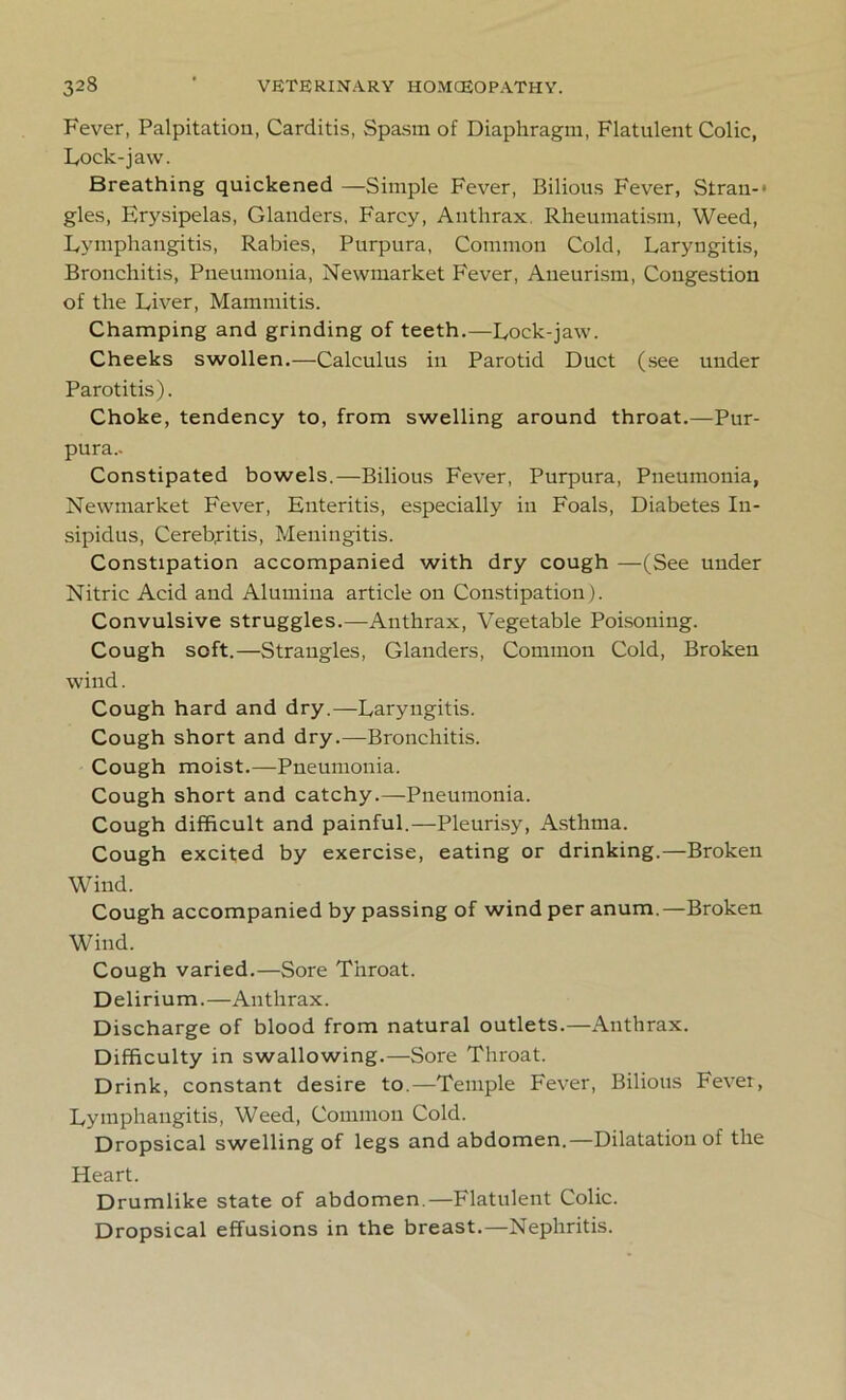 Fever, Palpitation, Carditis, Spasm of Diaphragm, Flatulent Colic, Lock-jaw. Breathing quickened —Simple Fever, Bilious Fever, Strau-* gles, Erysipelas, Glanders, Farcy, Anthrax, Rheumatism, Weed, Lymphangitis, Rabies, Purpura, Common Cold, Laryngitis, Bronchitis, Pneumonia, Newmarket Fever, Aneurism, Congestion of the Liver, Mammitis. Champing and grinding of teeth.—Lock-jaw. Cheeks swollen.—Calculus in Parotid Duct (see under Parotitis). Choke, tendency to, from swelling around throat.—Pur- pura- Constipated bowels.—Bilious Fever, Purpura, Pneumonia, Newmarket Fever, Enteritis, especially in Foals, Diabetes In- sipidus, Cereb^itis, Meningitis. Constipation accompanied with dry cough —(See under Nitric Acid and Alumina article on Constipation). Convulsive struggles.—Anthrax, Vegetable Poisoning. Cough soft.—Strangles, Glanders, Common Cold, Broken wind. Cough hard and dry,—Laryngitis. Cough short and dry.—Bronchitis. Cough moist.—Pneumonia. Cough short and catchy.—Pneumonia. Cough difficult and painful.—Pleurisy, Asthma. Cough excited by exercise, eating or drinking.—Broken Wind. Cough accompanied by passing of wind per anum.—Broken Wind. Cough varied.—Sore Throat. Delirium.—Anthrax. Discharge of blood from natural outlets.—Anthrax. Difficulty in swallowing.—Sore Throat. Drink, constant desire to.—Temple Fever, Bilious Fever, Lymphangitis, Weed, Common Cold. Dropsical swelling of legs and abdomen.—Dilatation of the Heart. Drumlike state of abdomen.—Flatulent Colic. Dropsical effusions in the breast.—Nephritis.