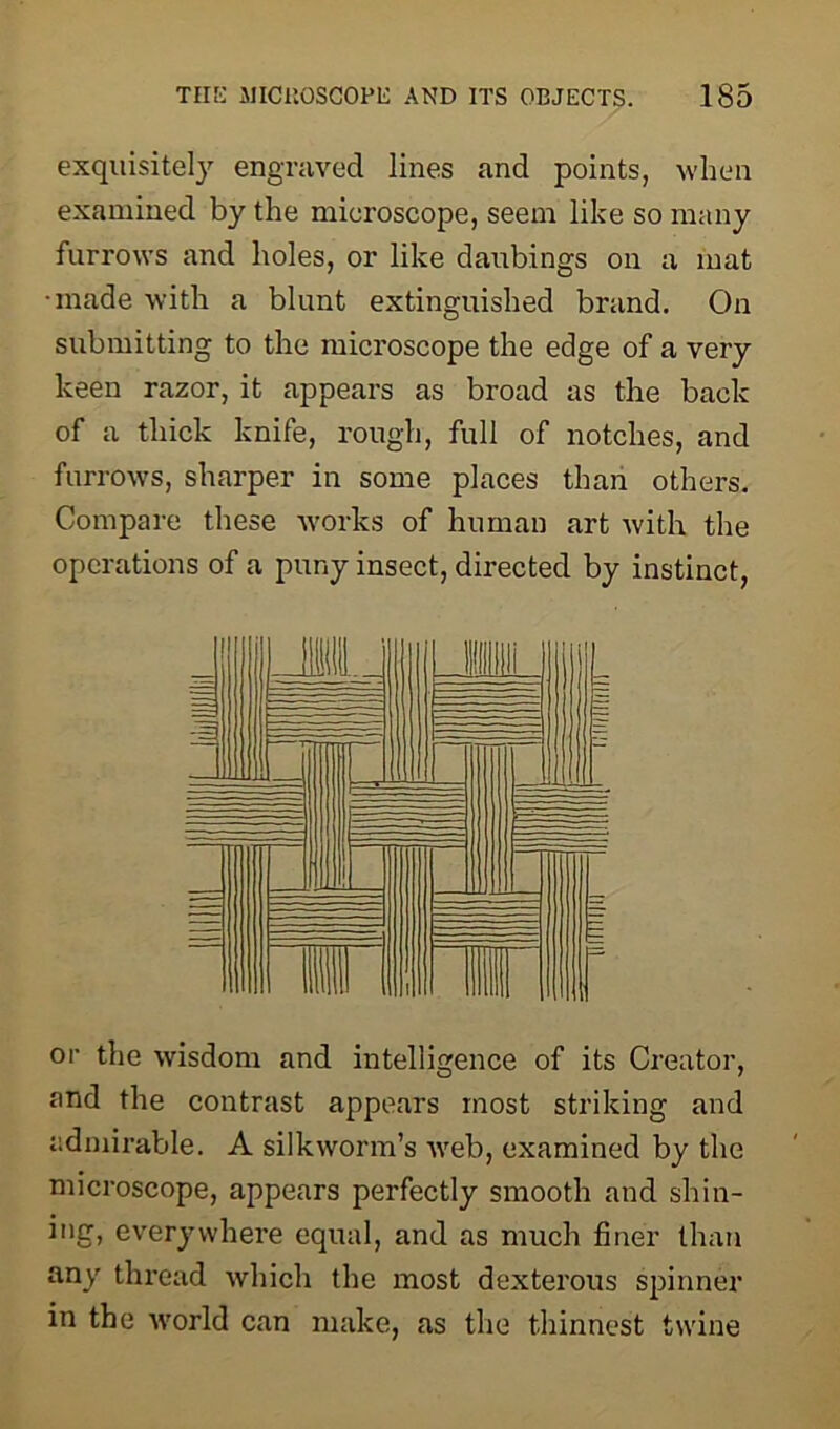 exquisitely engraved lines and points, when examined by the microscope, seem like so many furrows and holes, or like daubings on a mat •made with a blunt extinguished brand. On submitting to the microscope the edge of a very keen razor, it appears as broad as the back of a thick knife, rough, full of notches, and furrows, sharper in some places than others. Compare these works of human art with the operations of a puny insect, directed by instinct, or the wisdom and intelligence of its Creator, find the contrast appears most striking and admirable. A silkworm’s web, examined by the microscope, appears perfectly smooth and shin- ing, everywhere equal, and as much finer than any thread which the most dexterous spinner in the world can make, as the thinnest twine